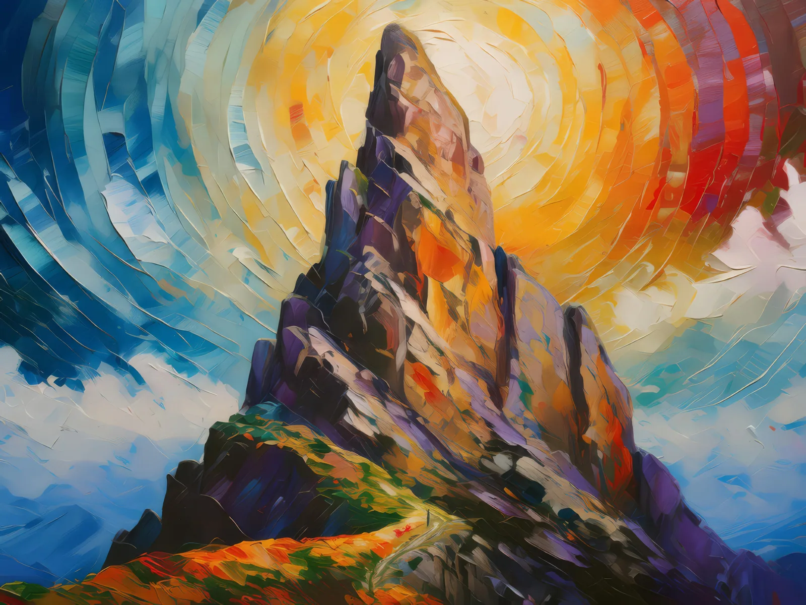 Enigmatic Crag Edifice, a palette-knife oil landscape by Emma Mickelberg