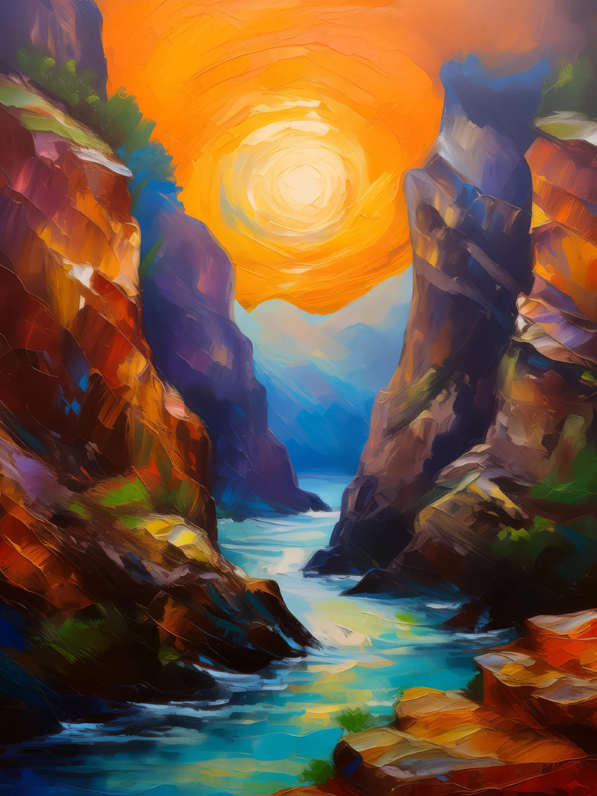 Enigmatic Echoes in Craggy Chasm, a palette-knife oil landscape by Emma Mickelberg