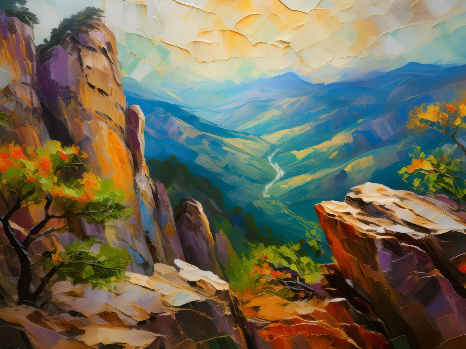 Enigmatic Etchings on Ancient Crags, a palette-knife oil landscape by Emma Mickelberg