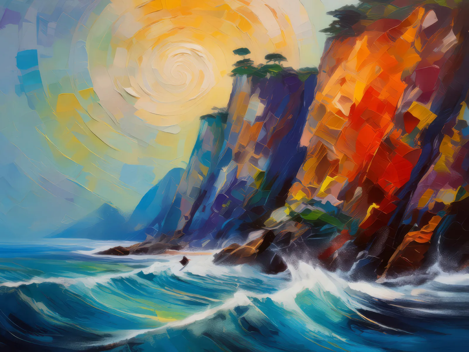 Ephemeral Echoes on Eternal Crags, a palette-knife oil landscape by Emma Mickelberg