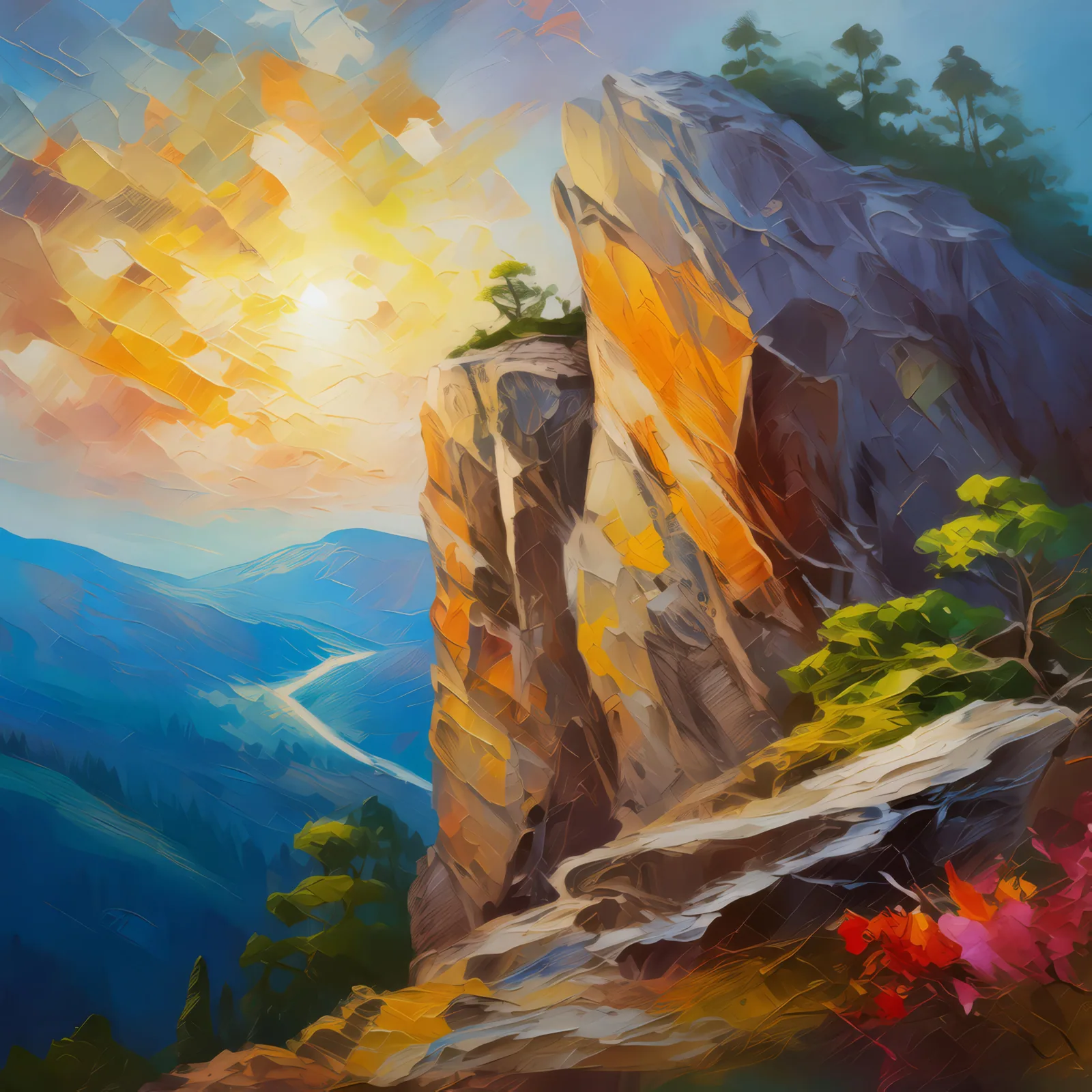 Ephemeral Engravings on Eternal Crag, a palette-knife oil landscape by Emma Mickelberg