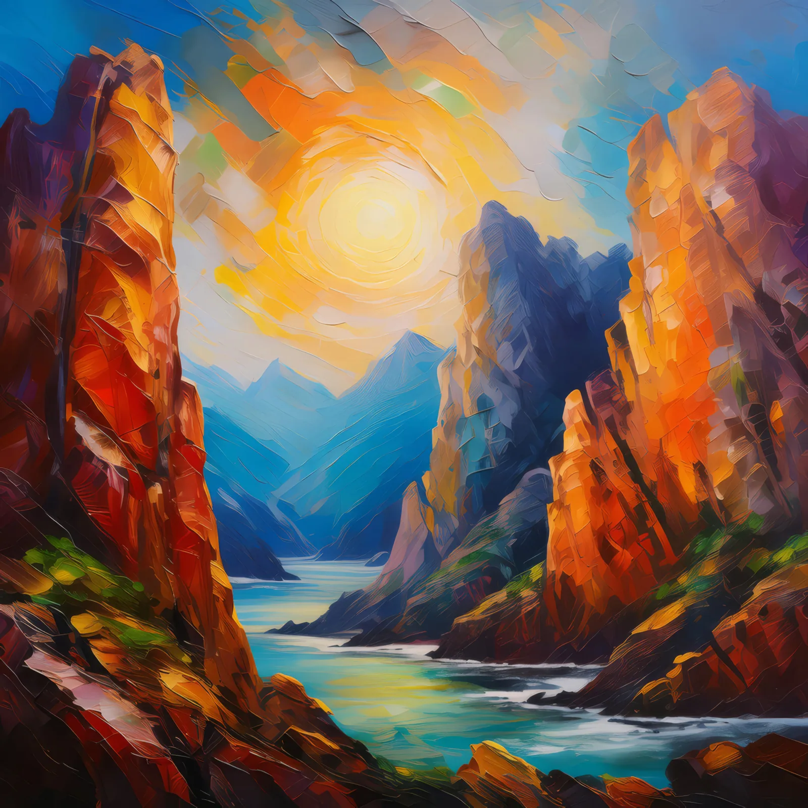 Eternal Echoes of the Ancient Crags, a palette-knife oil landscape by Emma Mickelberg