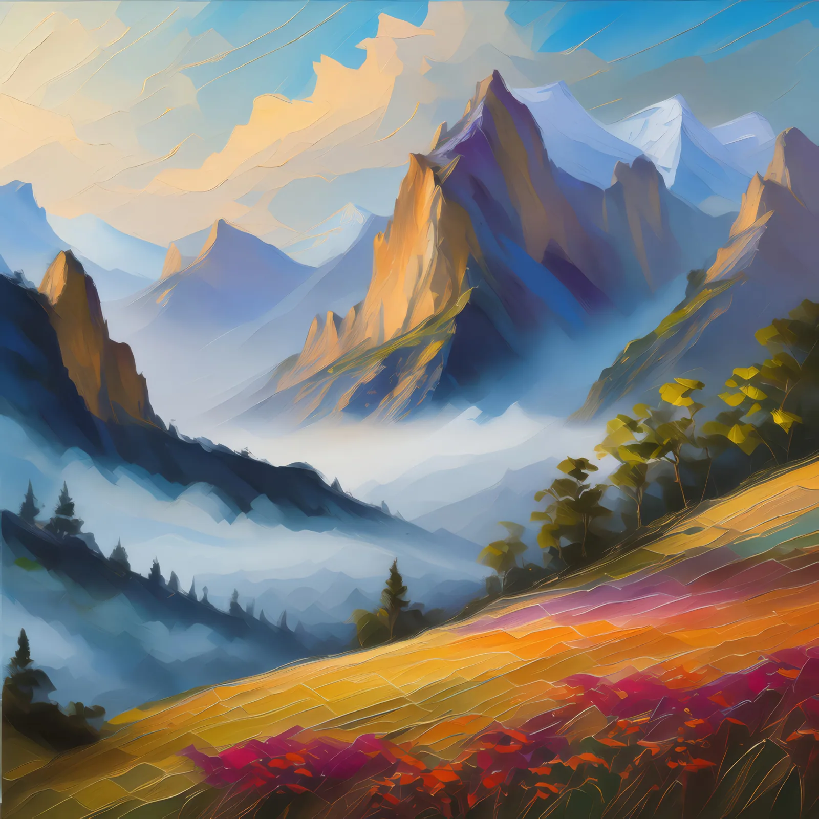 Ethereal Crag Enchantment, a palette-knife oil landscape by Emma Mickelberg