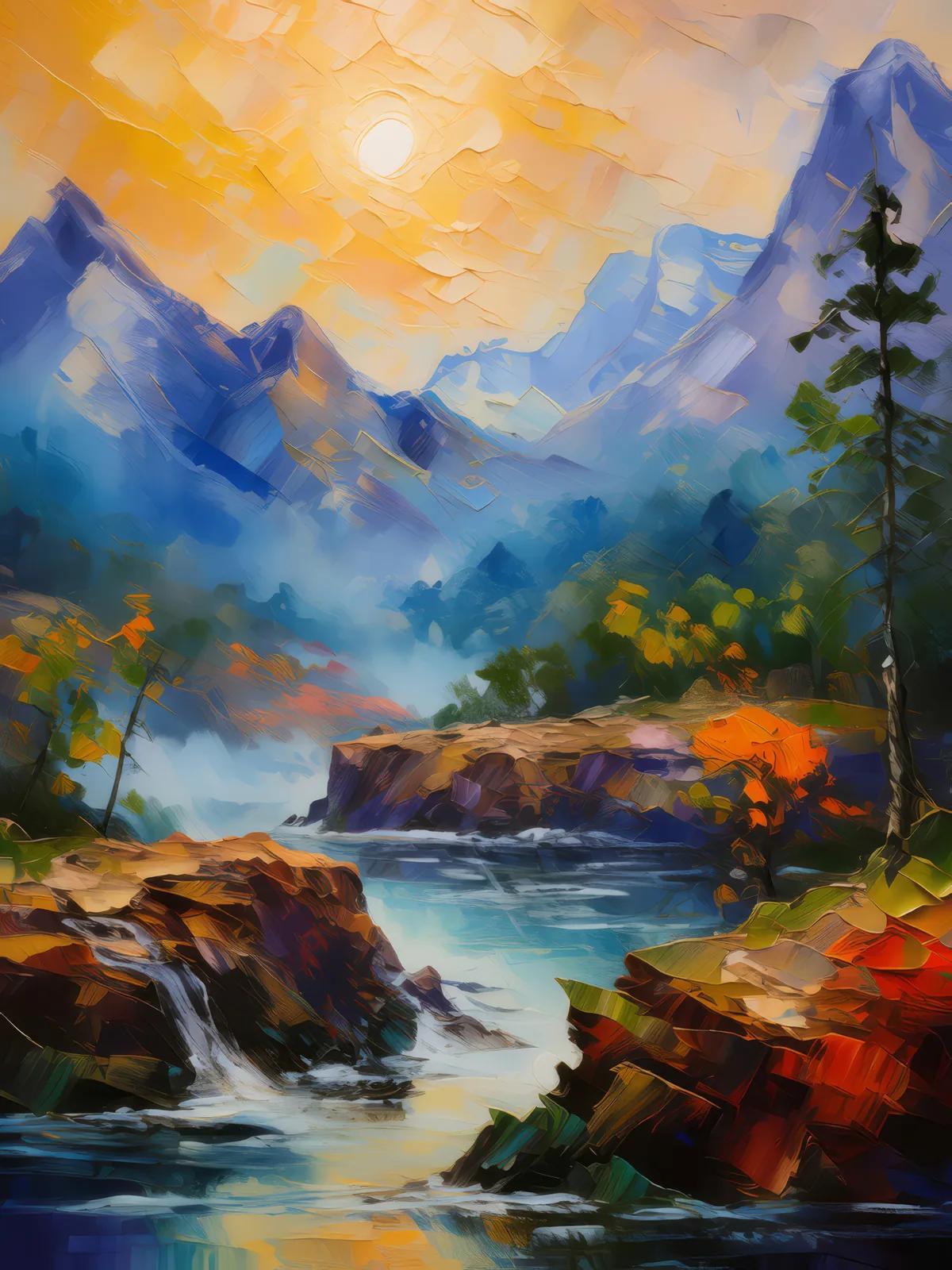 Ethereal Emissaries on Misty Crags, a palette-knife oil landscape by Emma Mickelberg