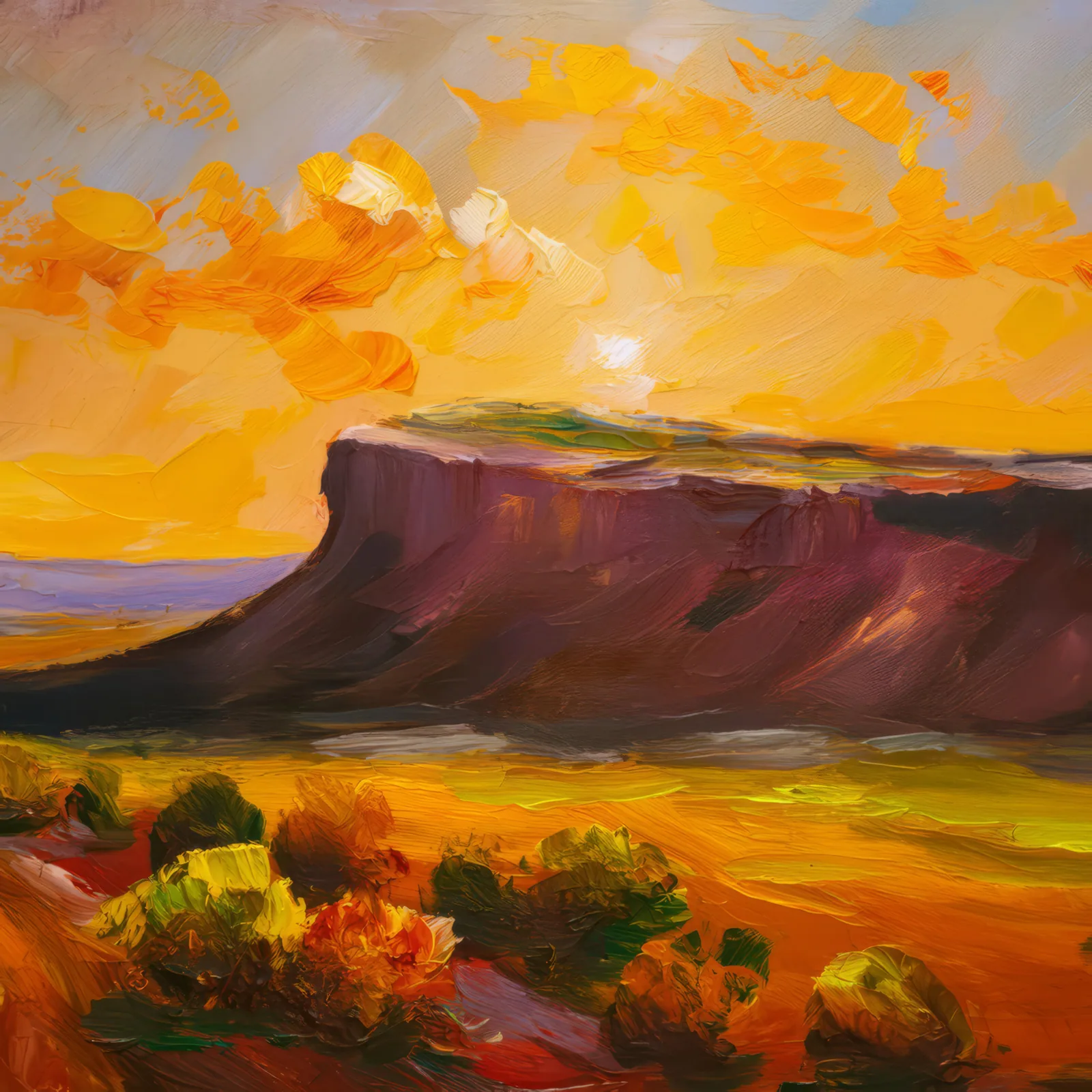 Evening Glow Mesa, a palette-knife oil landscape by Emma Mickelberg