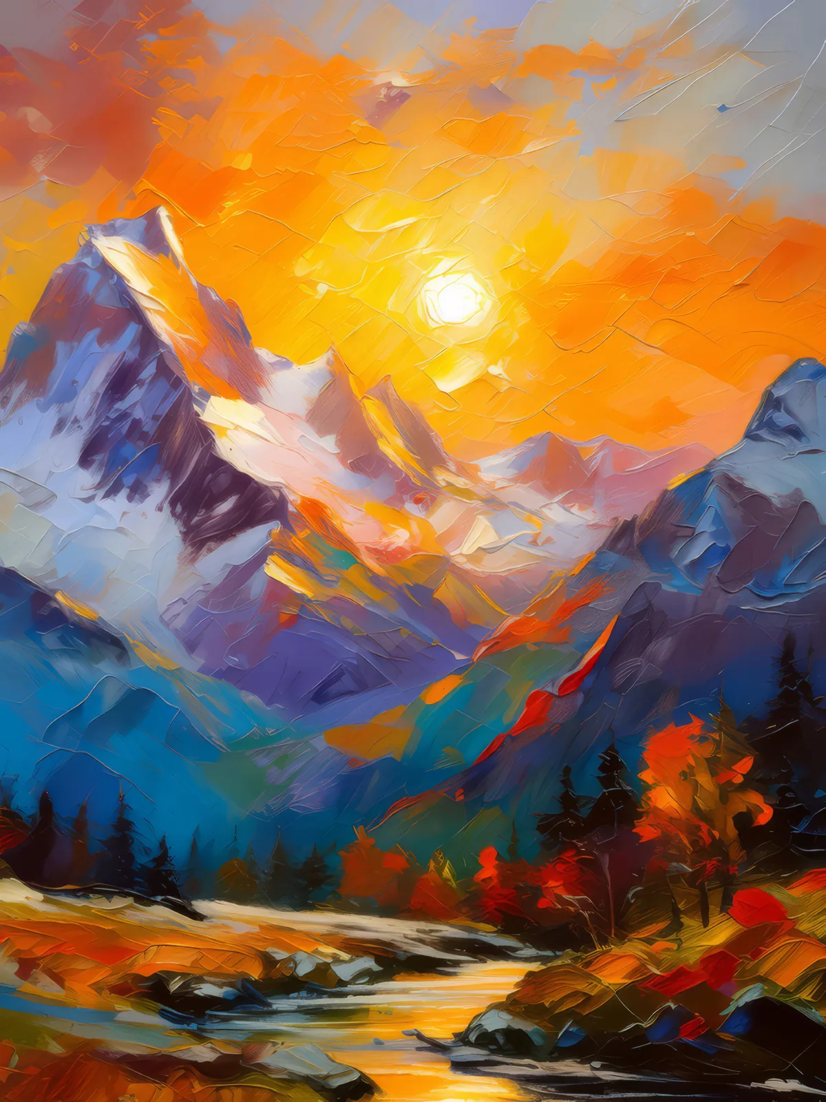 Evening Glow on Alpine Peaks, a palette-knife oil landscape by Emma Mickelberg