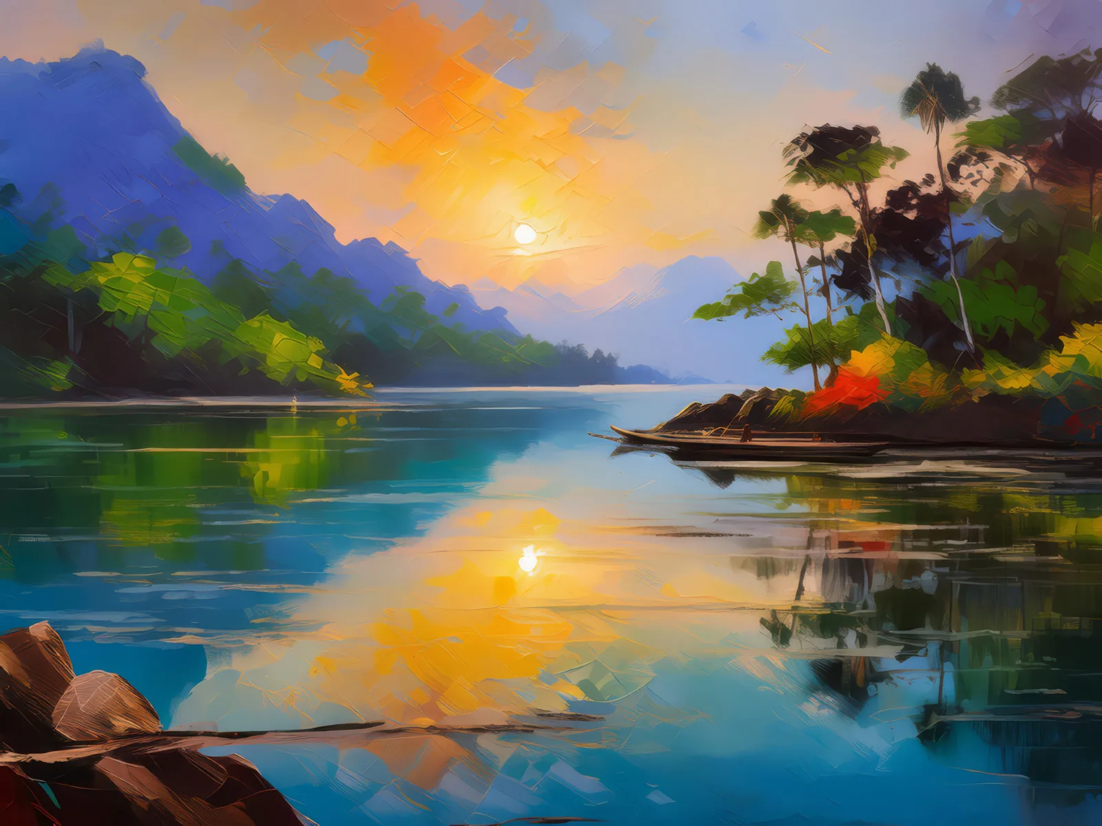 Evening Lagoon Glow, a palette-knife oil landscape by Emma Mickelberg