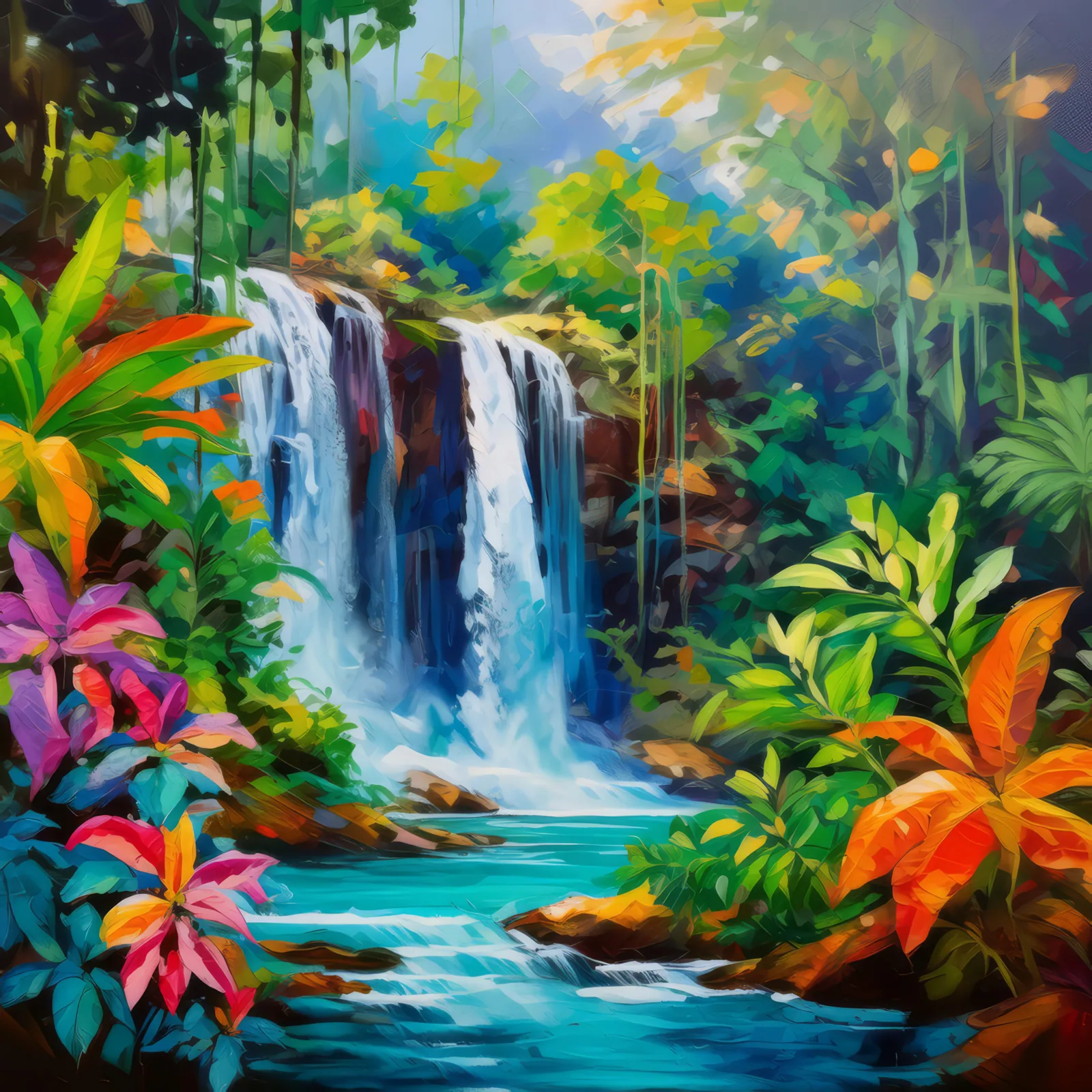 Exotic Jungle Waterfall, a palette-knife oil landscape by Emma Mickelberg