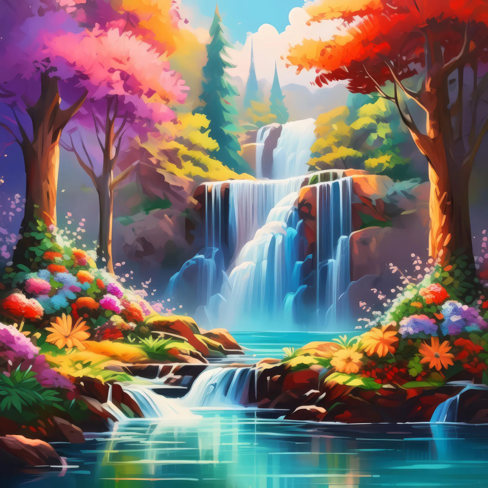 Fairy Tale Waterfall Scene, a palette-knife oil landscape by Emma Mickelberg