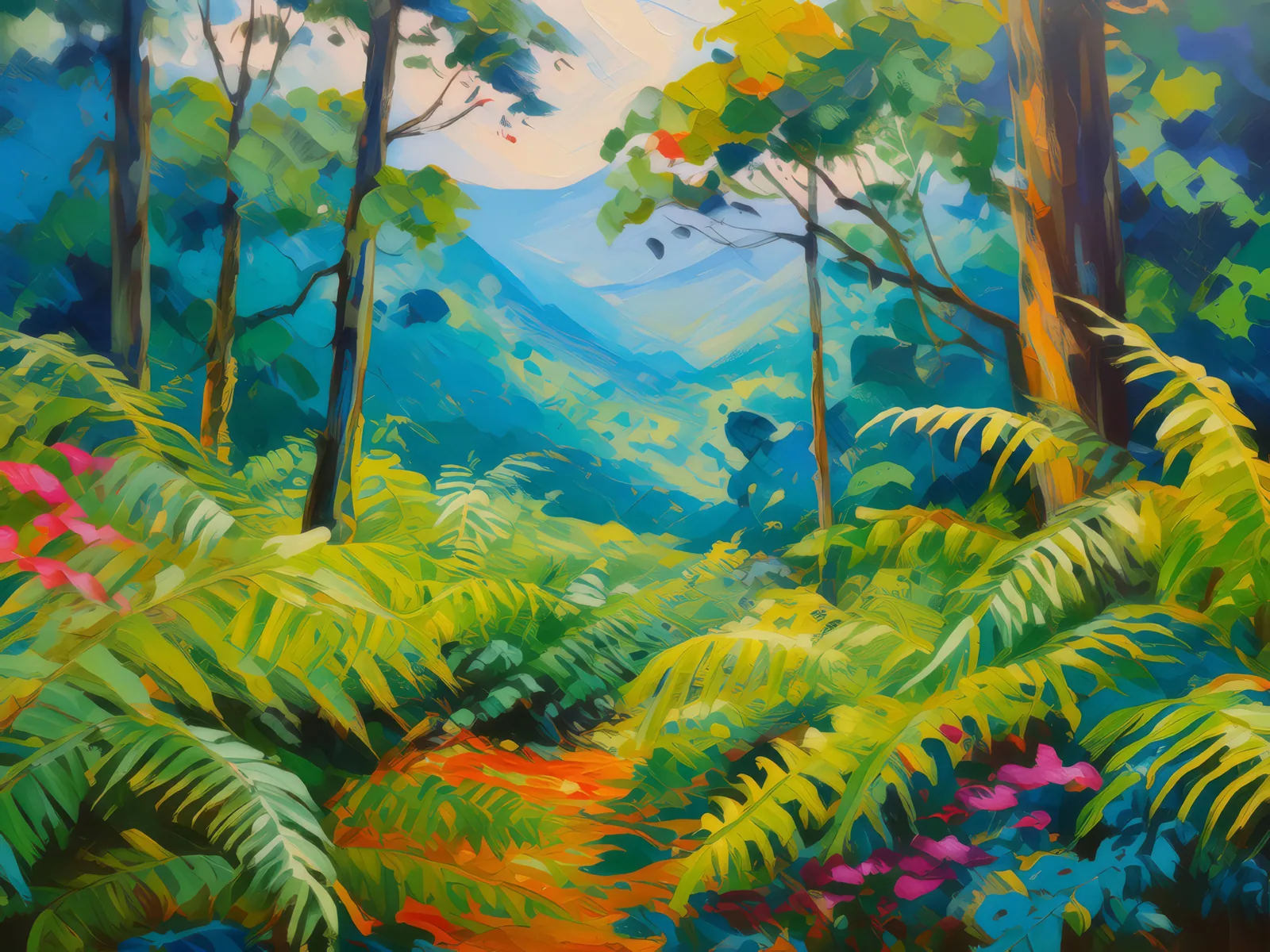 Fern Valleys in Boreal Jungle, a palette-knife oil landscape by Emma Mickelberg