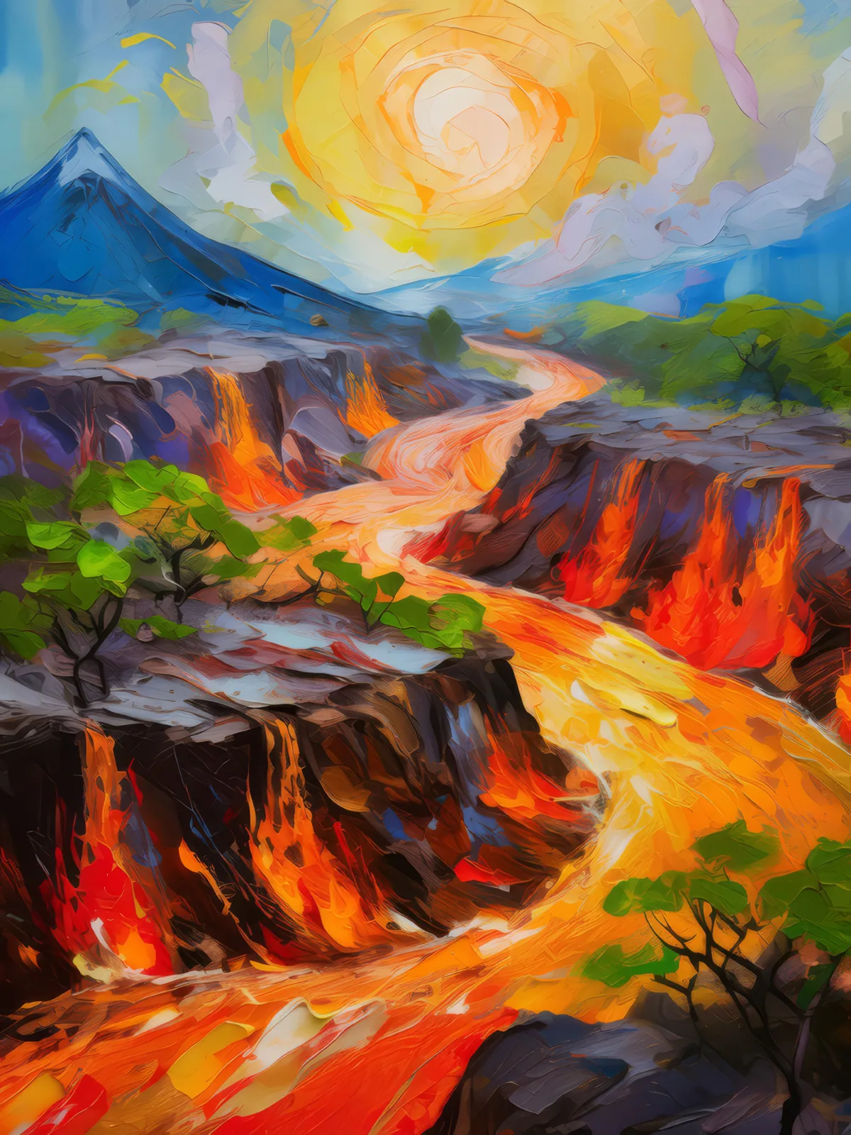 Fiery Lava Chasm, a palette-knife oil landscape by Emma Mickelberg