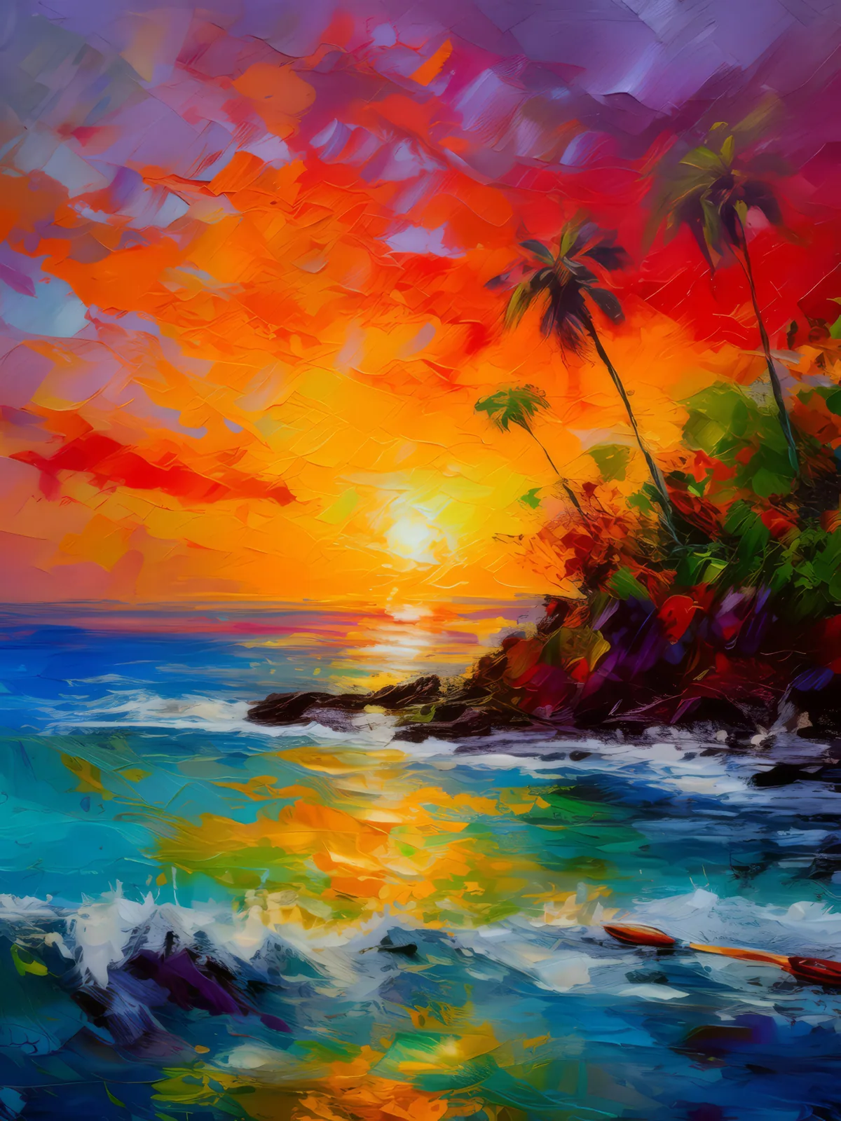 Fiery Ocean Sunset, a palette-knife oil landscape by Emma Mickelberg