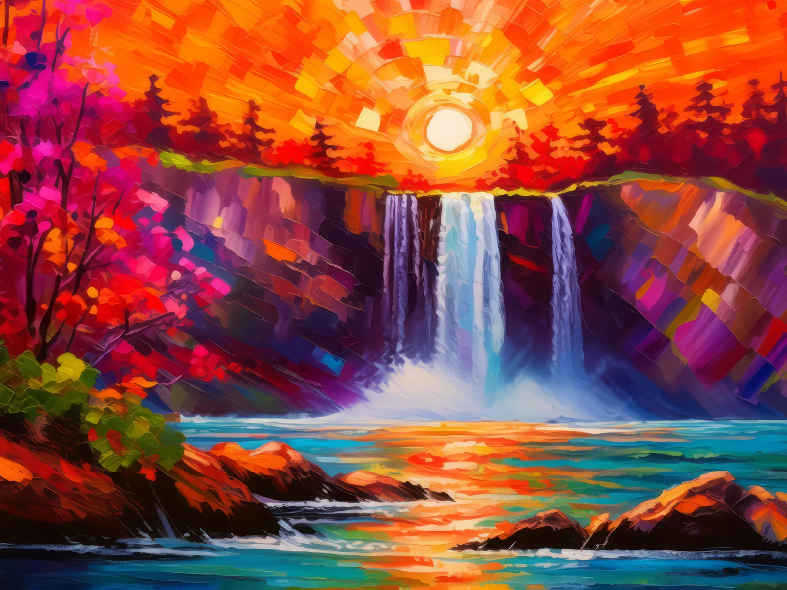 Fiery Sunset Behind Waterfall, a palette-knife oil landscape by Emma Mickelberg