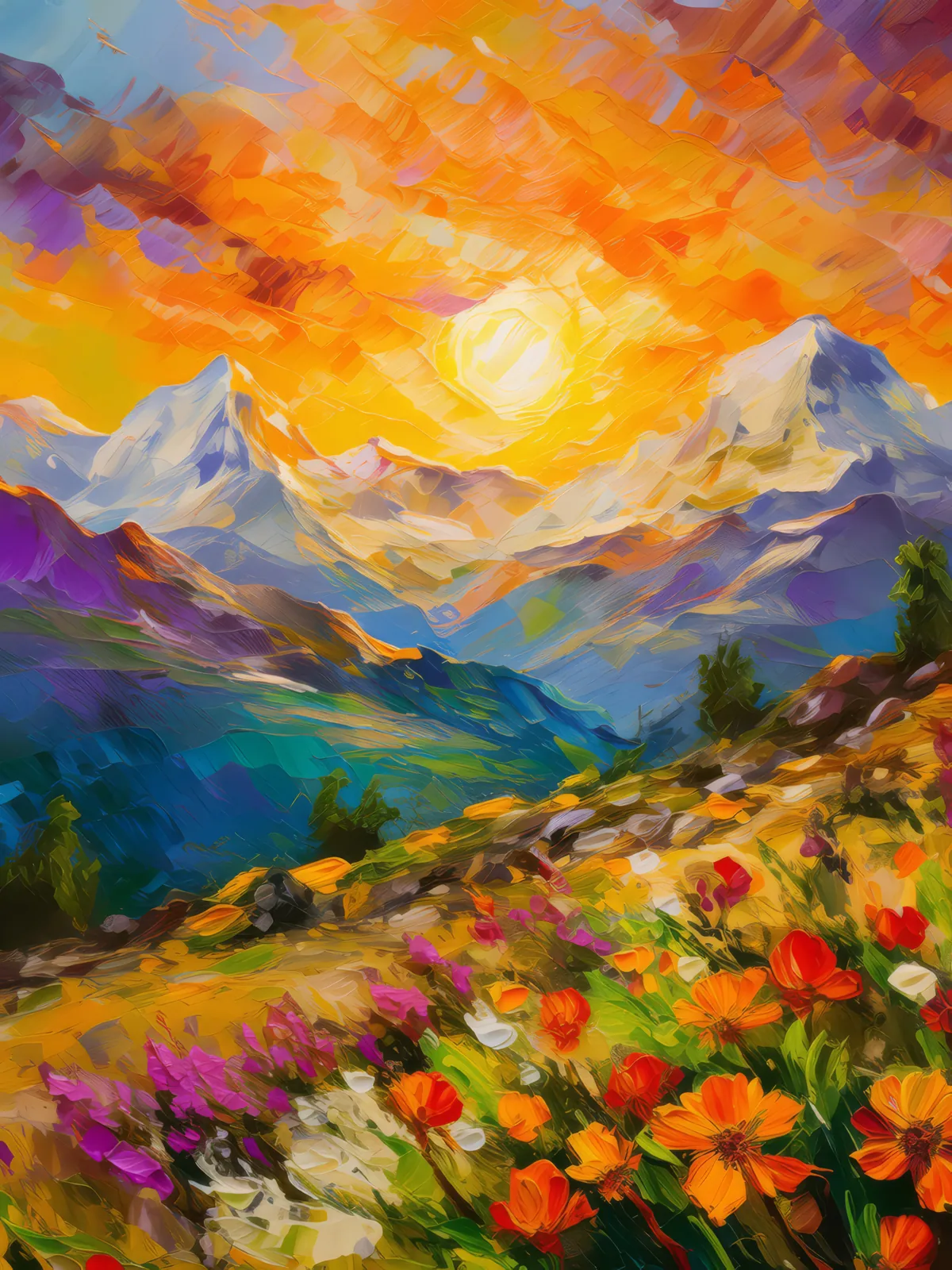 Fiery Sunset Over Alps, a palette-knife oil landscape by Emma Mickelberg