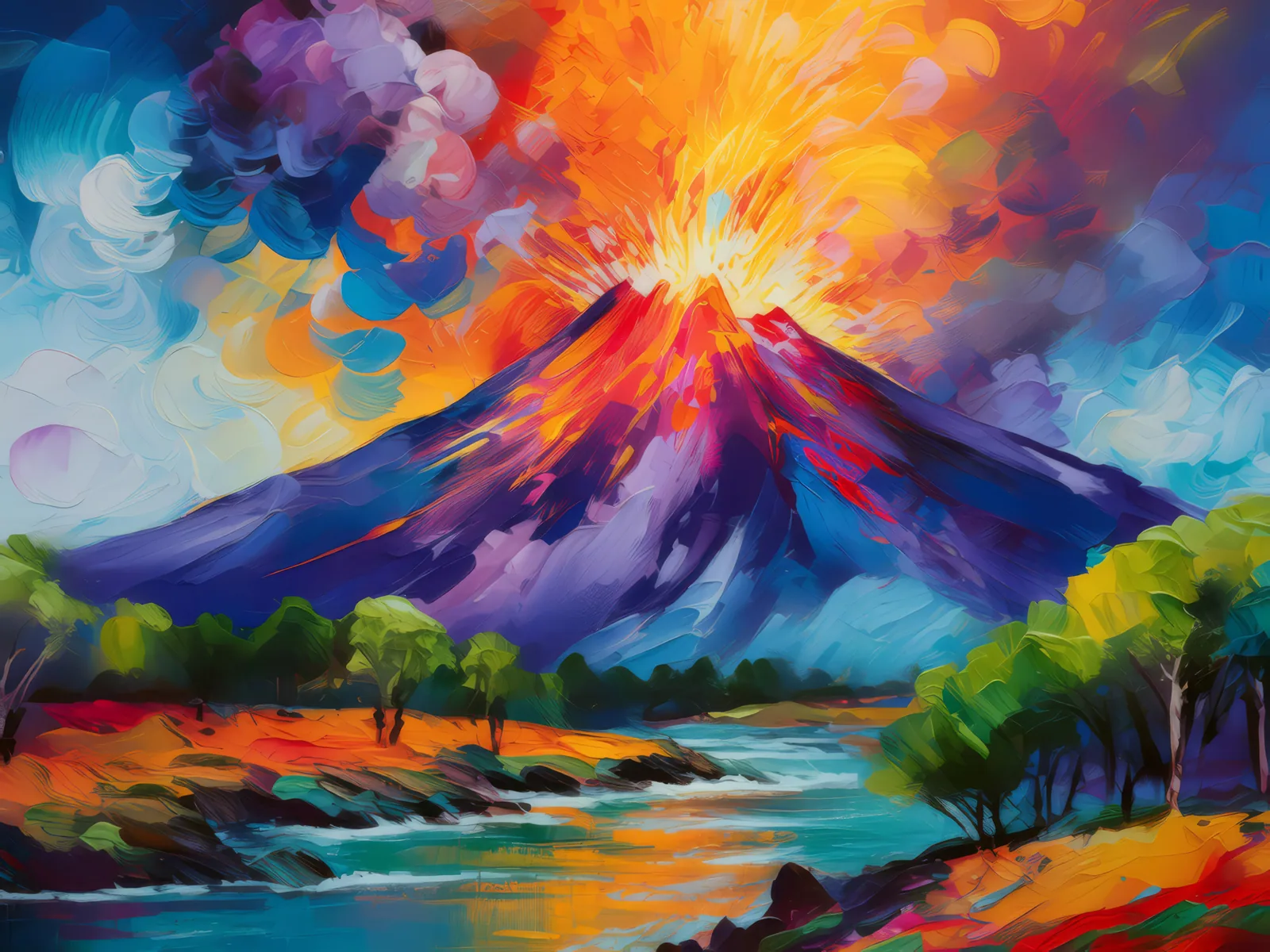 Fiery Volcano Eruption, a palette-knife oil landscape by Emma Mickelberg