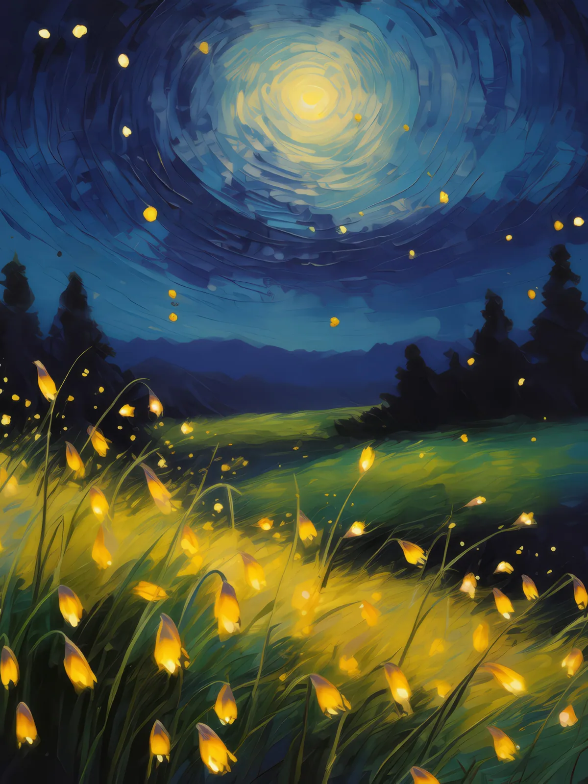 Fireflies at Dusk in Grassland, a palette-knife oil landscape by Emma Mickelberg