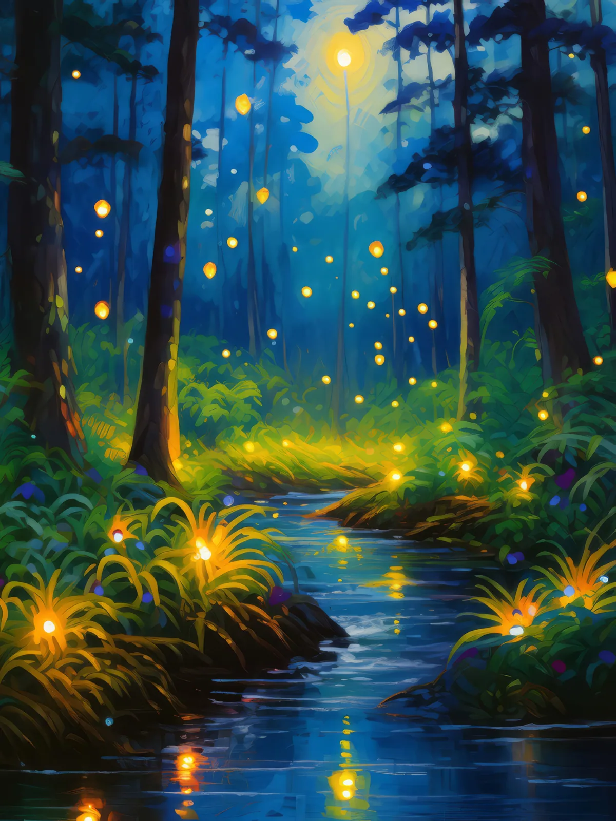 Fireflies at Dusk in the Jungle, a palette-knife oil landscape by Emma Mickelberg