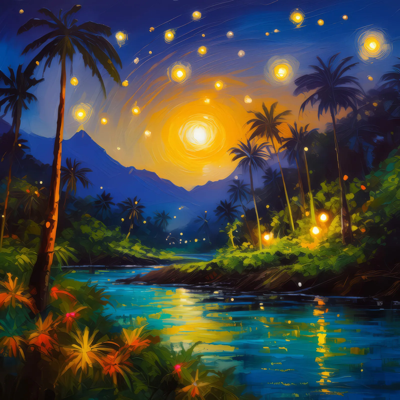 Fireflies at Jungle Dusk, a palette-knife oil landscape by Emma Mickelberg