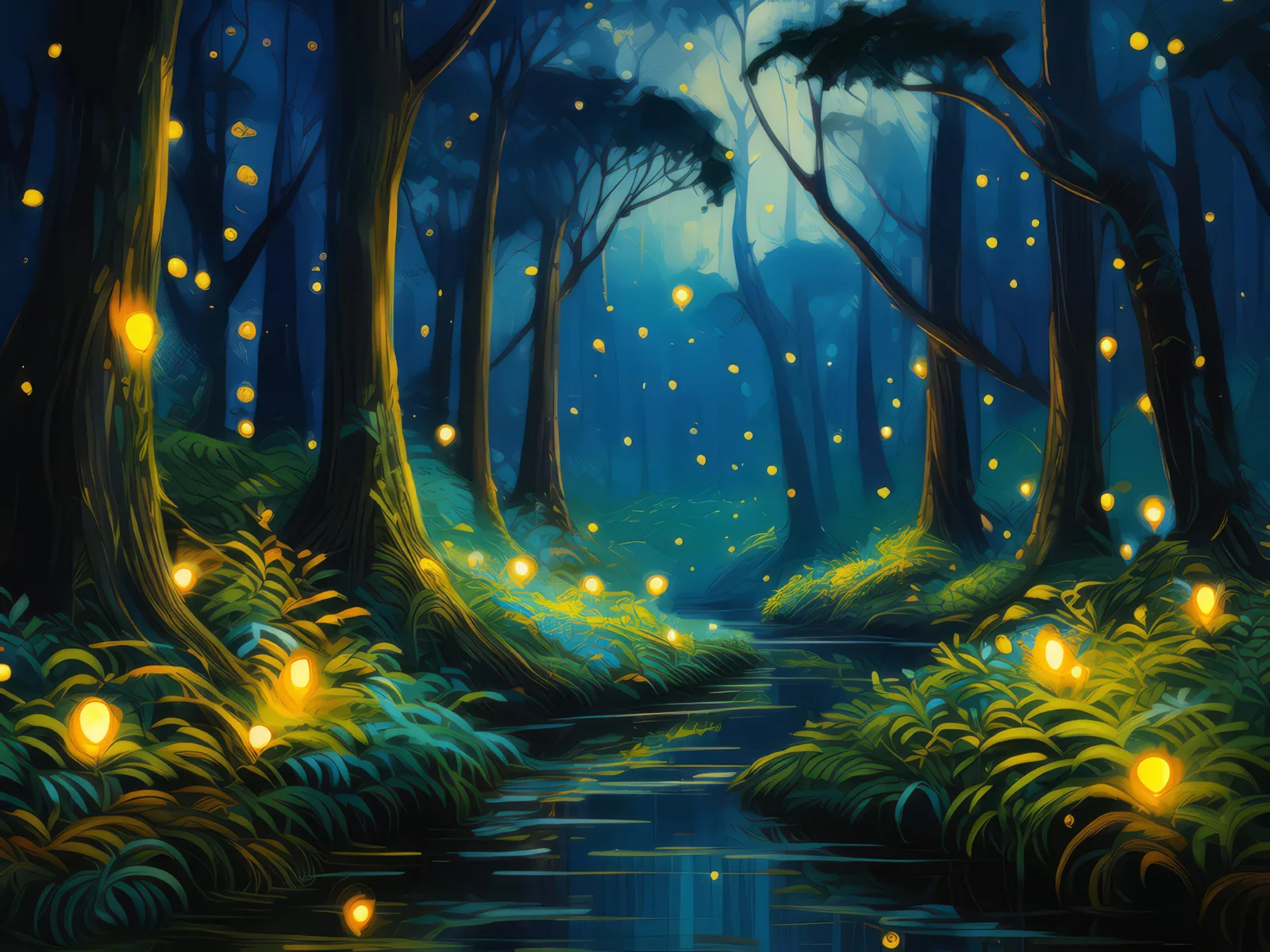 Fireflies in the Boreal Jungle, a palette-knife oil landscape by Emma Mickelberg
