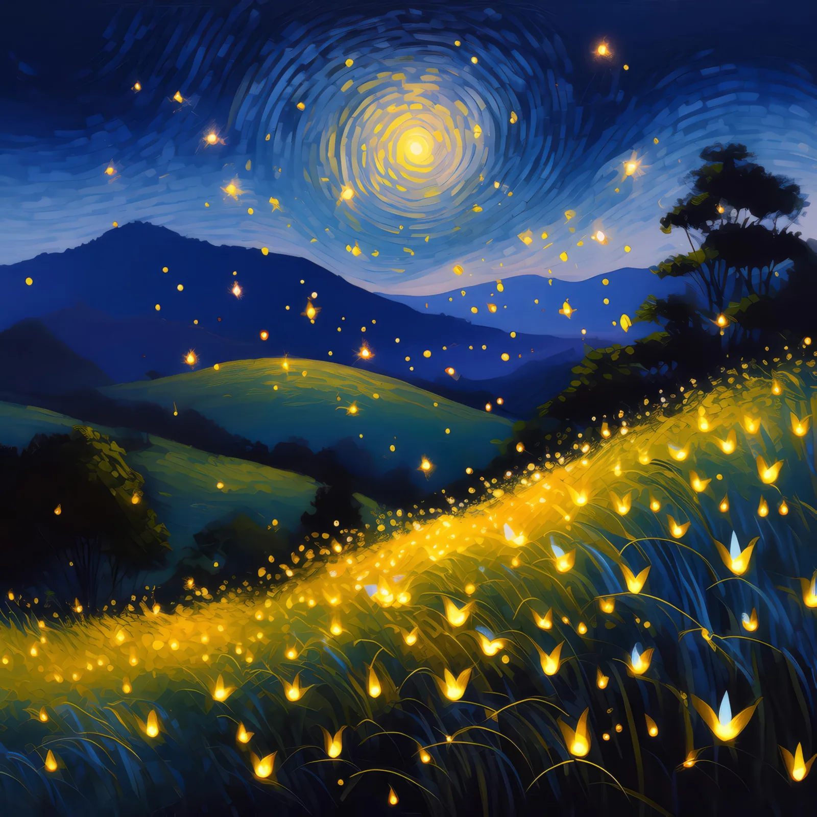 Fireflies Over the Knoll, a palette-knife oil landscape by Emma Mickelberg