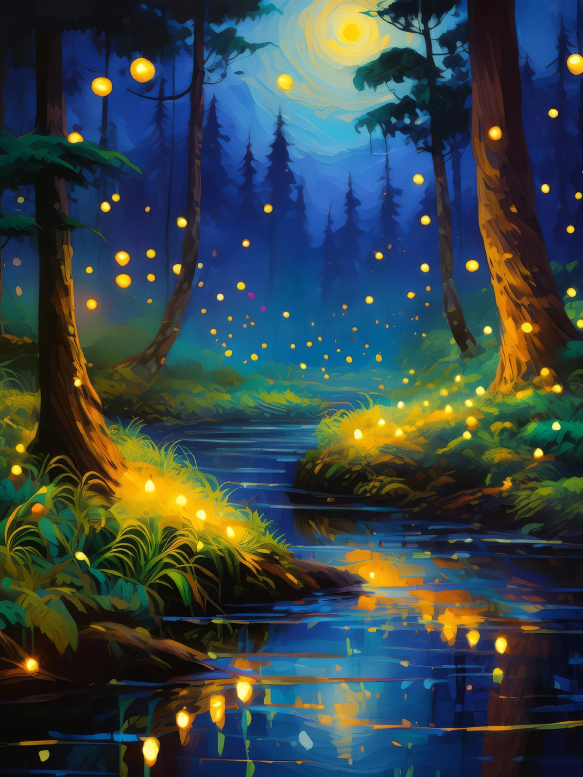 Firefly Dance in the Jungle, a palette-knife oil landscape by Emma Mickelberg