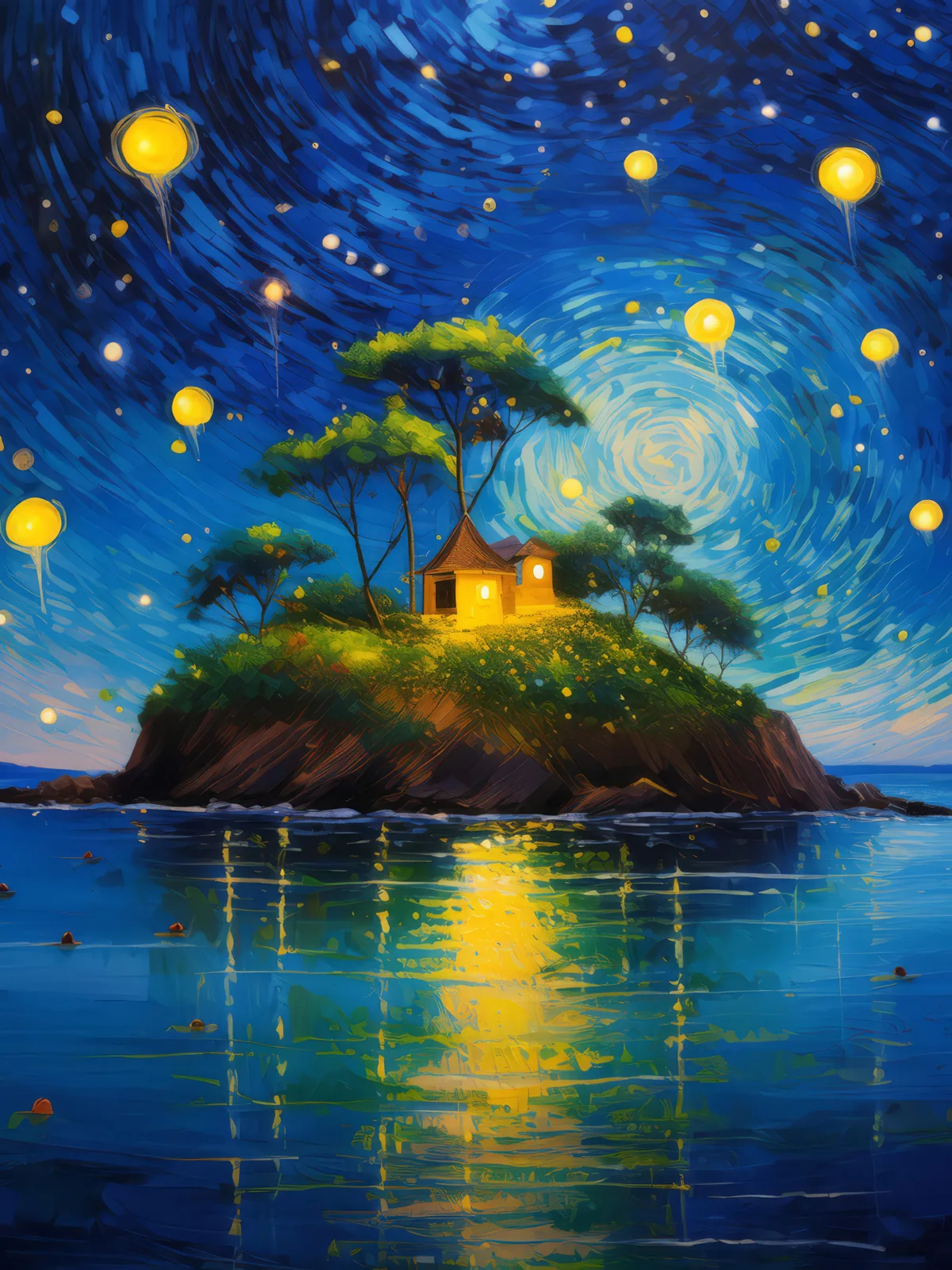 Firefly Glow Island, a palette-knife oil landscape by Emma Mickelberg