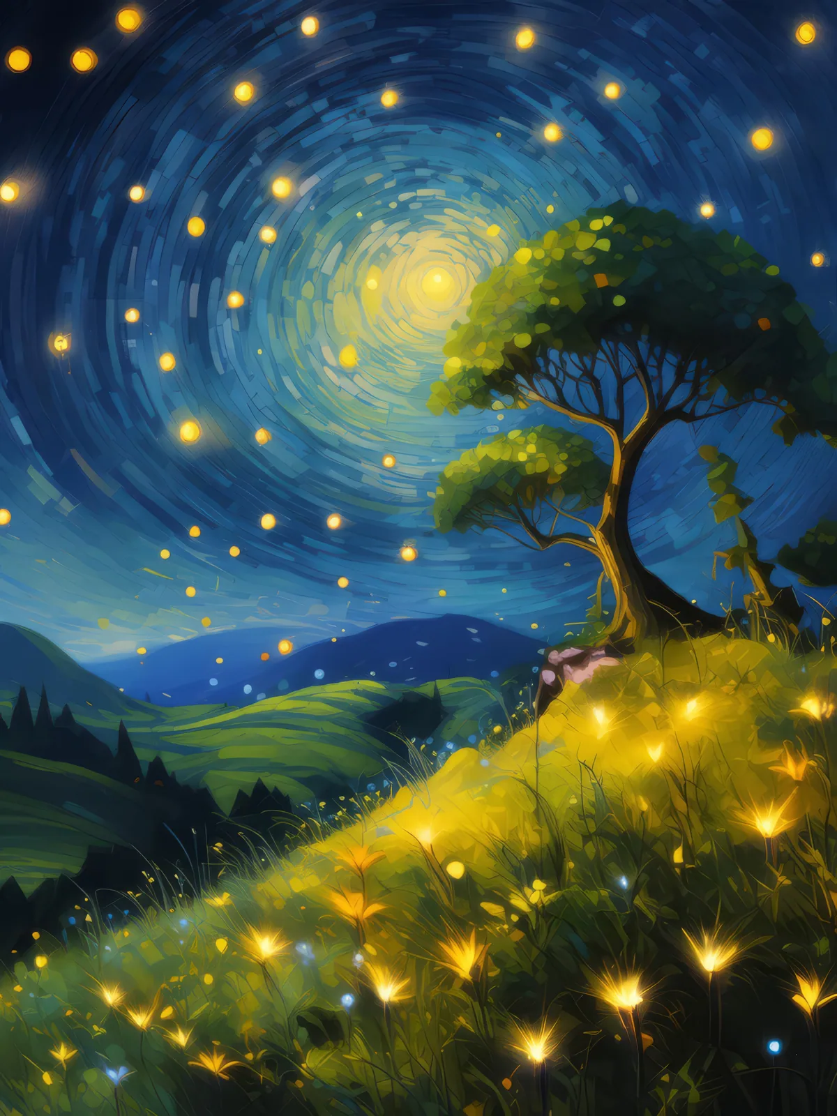 Firefly Knoll Enchantment Tale, a palette-knife oil landscape by Emma Mickelberg