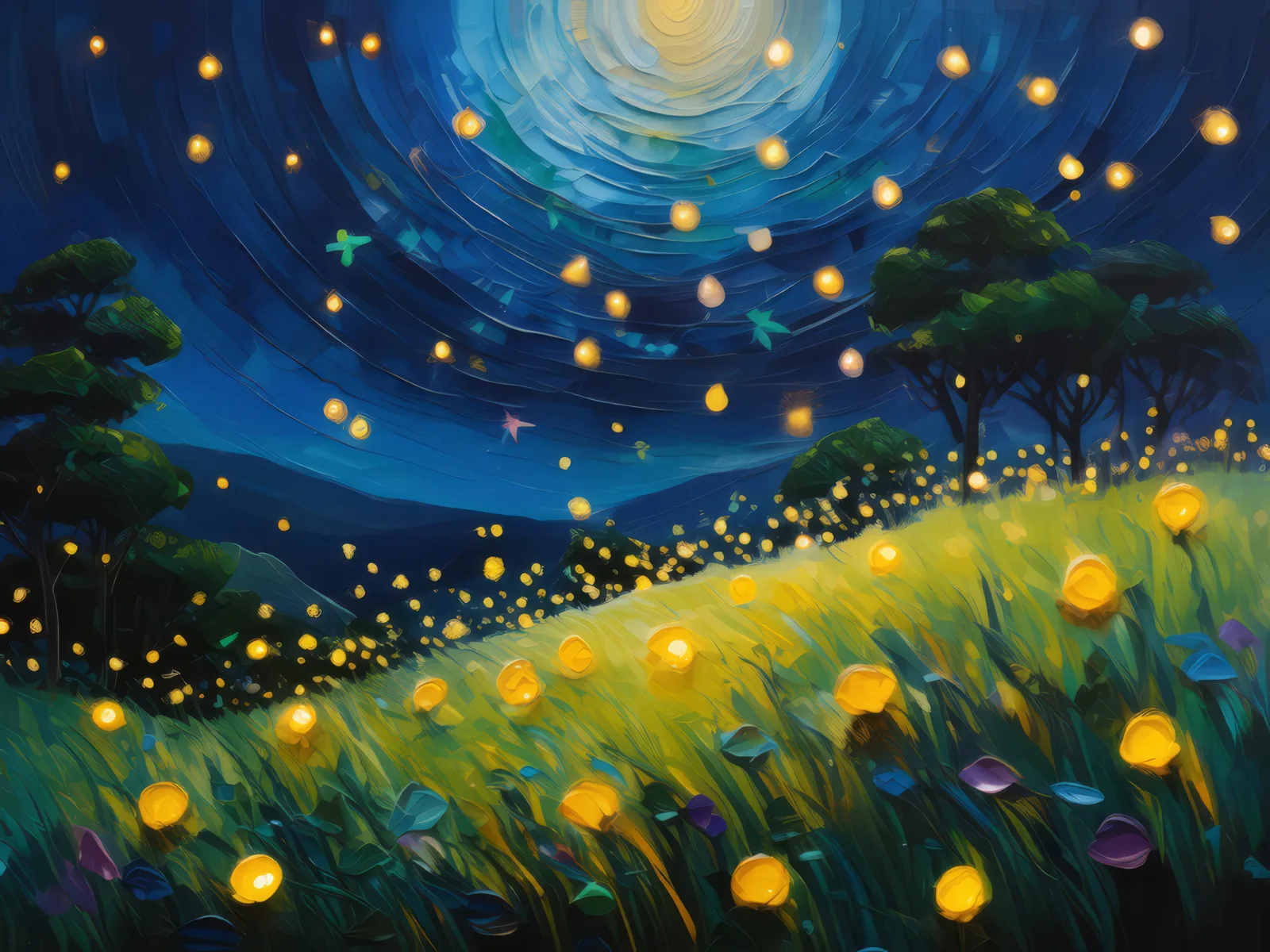 Firefly Knoll Enchantment, a palette-knife oil landscape by Emma Mickelberg