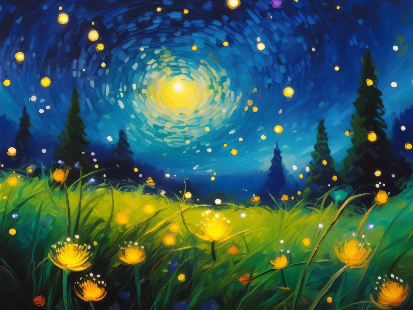 Firefly Nights on the Grassland, a palette-knife oil landscape by Emma Mickelberg