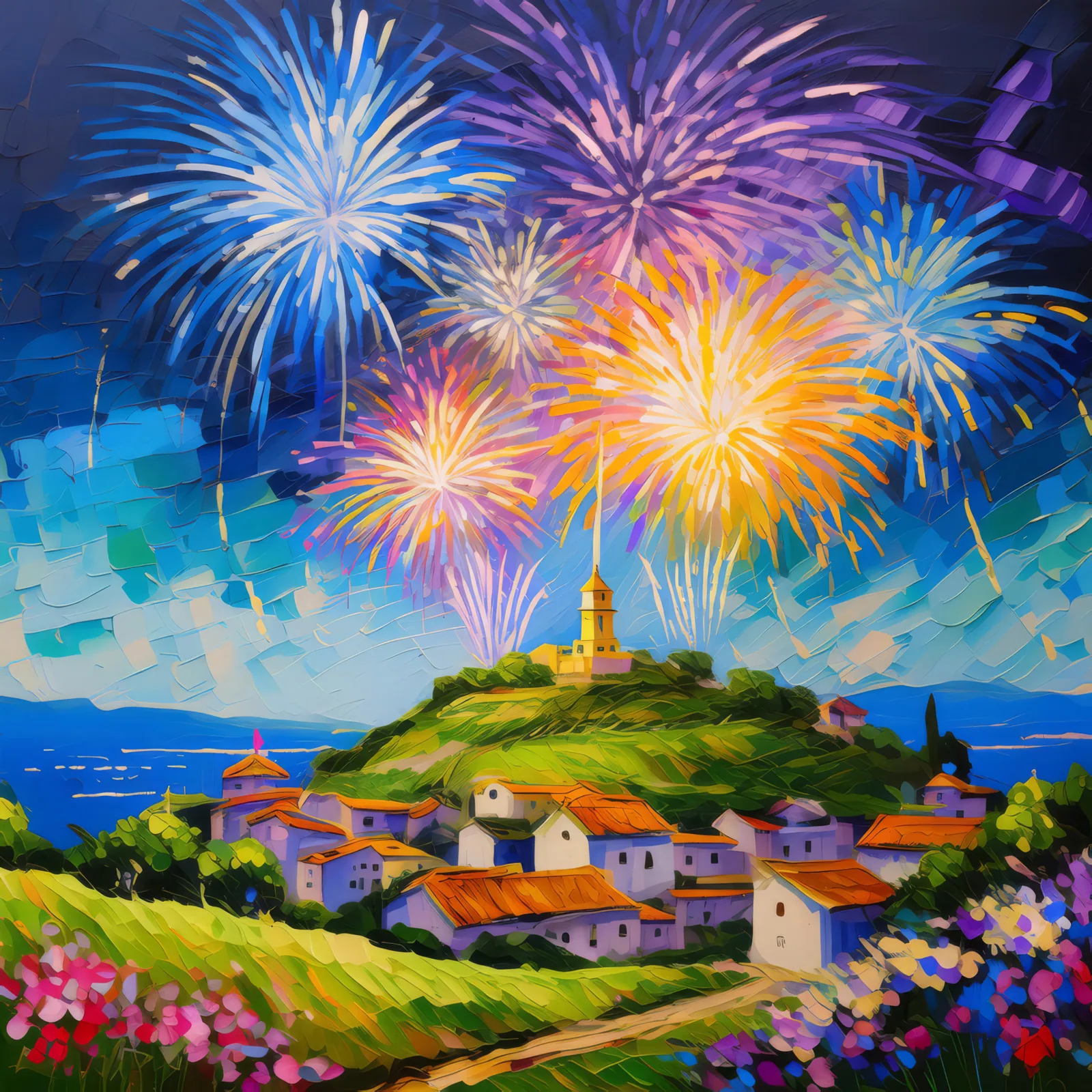 Fireworks Display over the Hill, a palette-knife oil landscape by Emma Mickelberg