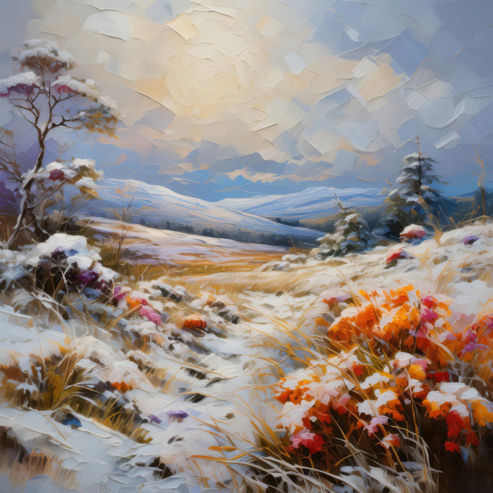 First Snow on the Moor, a palette-knife oil landscape by Emma Mickelberg