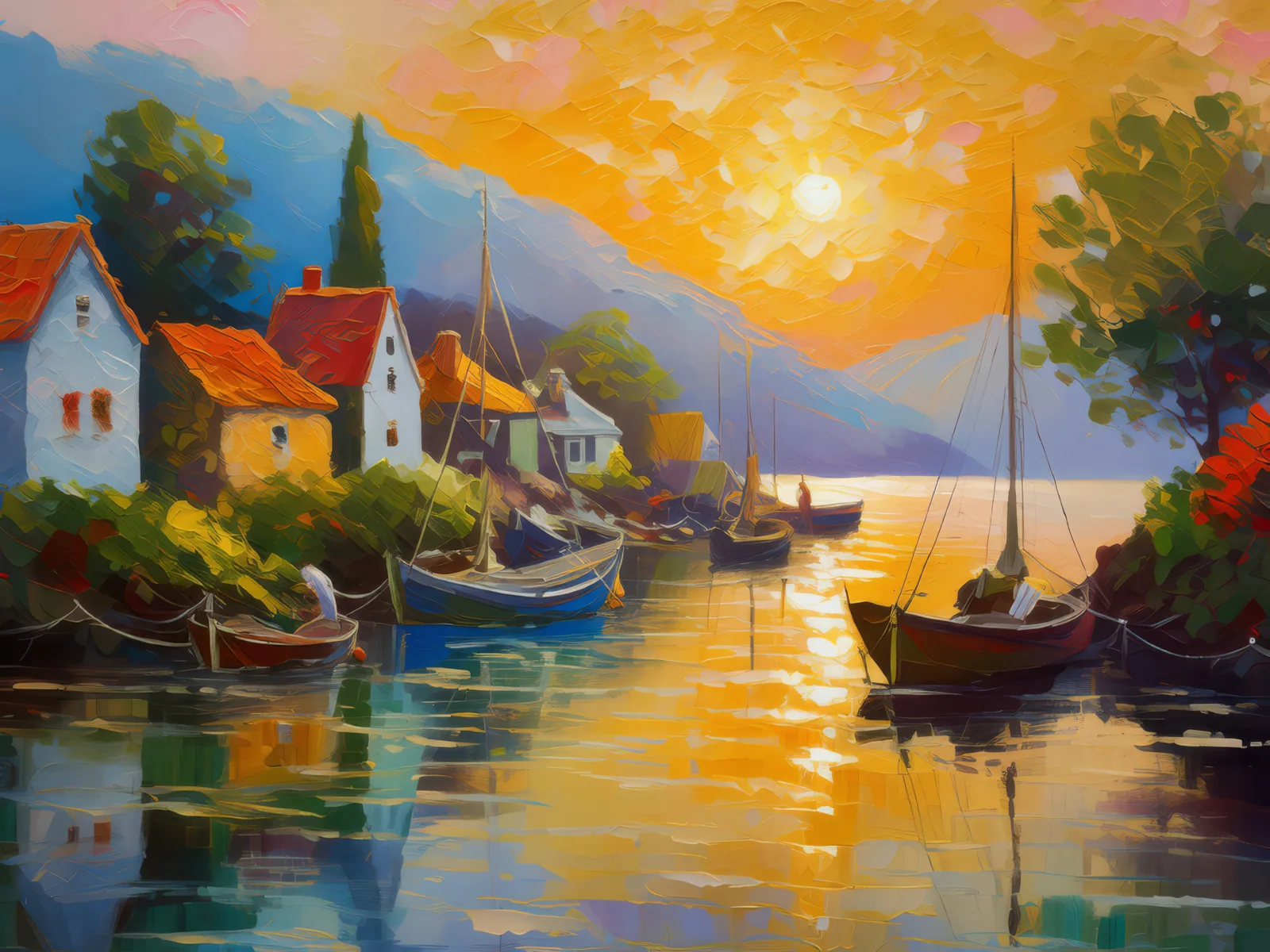 Fishing Village at Sunrise, a palette-knife oil landscape by Emma Mickelberg