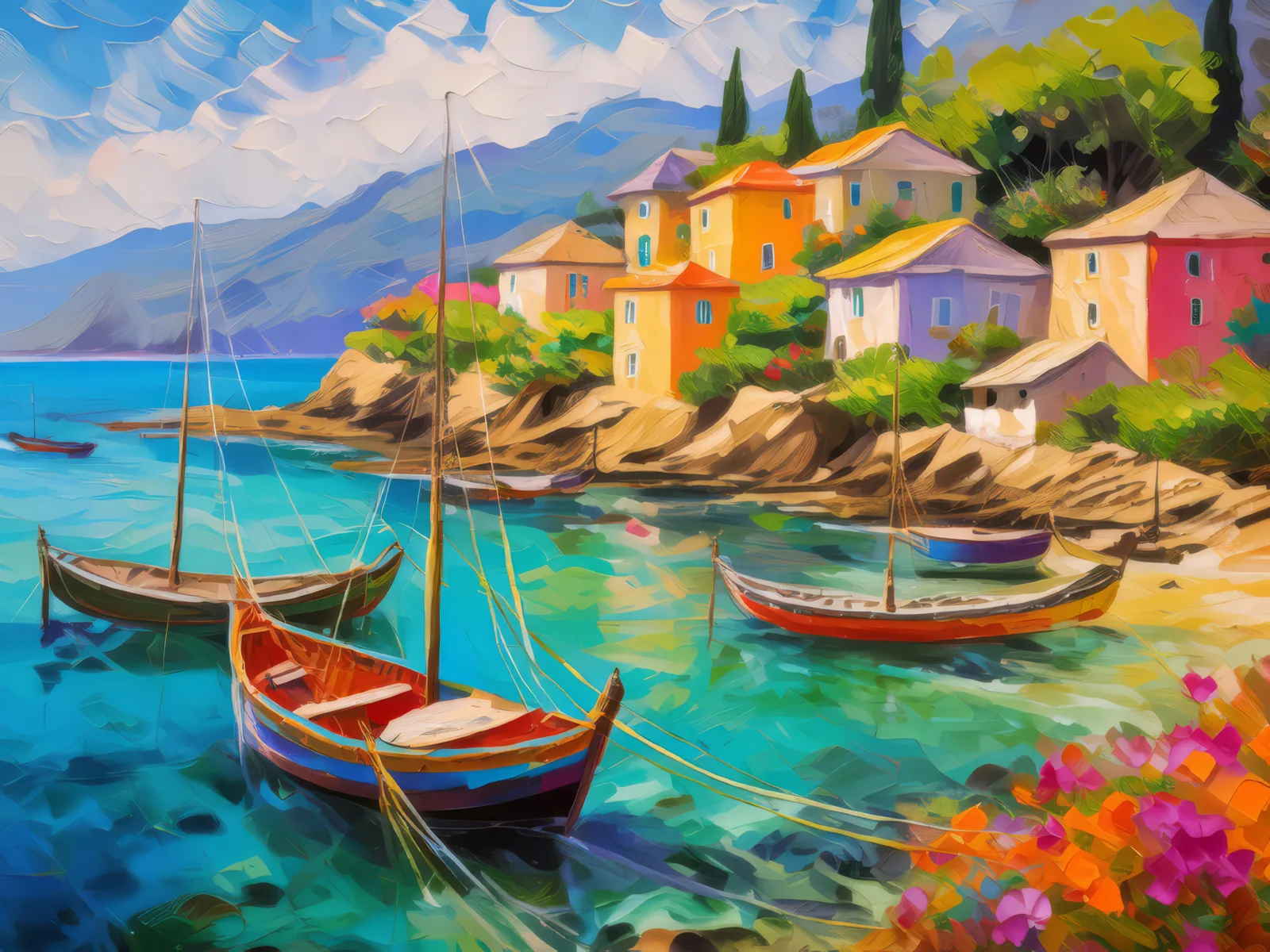 Fishing Village Charm, a palette-knife oil landscape by Emma Mickelberg