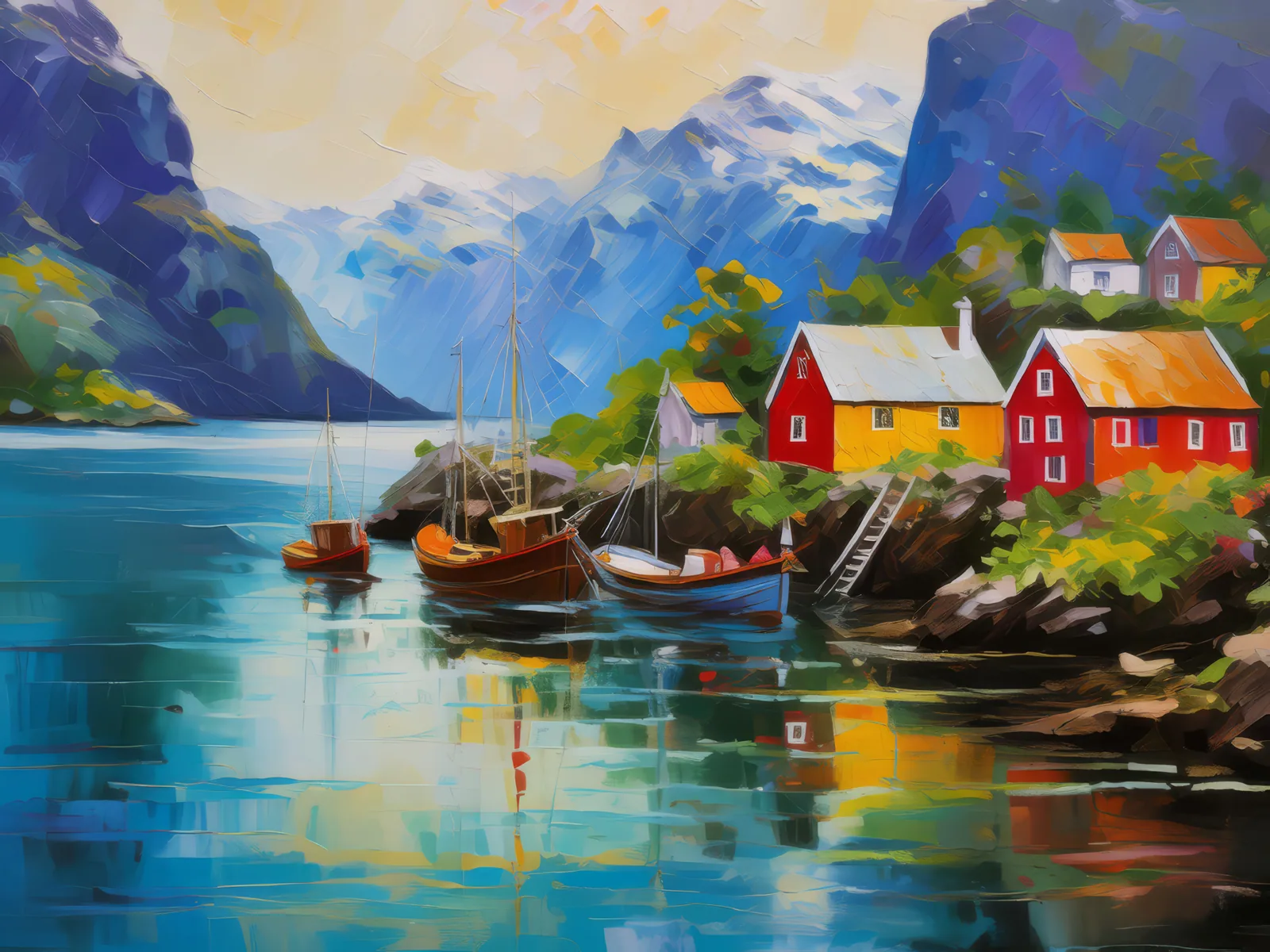 Fjord Fishing Village Life, a palette-knife oil landscape by Emma Mickelberg