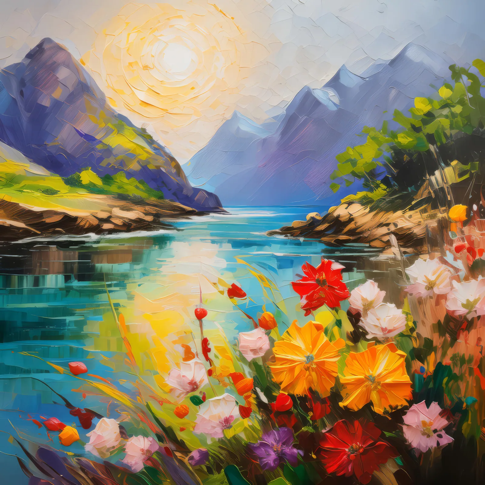 Fjord in Full Bloom, a palette-knife oil landscape by Emma Mickelberg