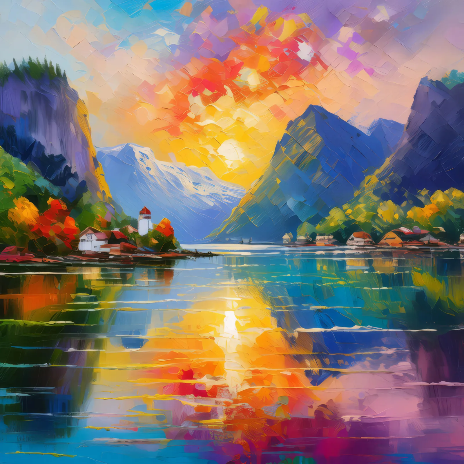 Fjord Reflections at Sunrise, a palette-knife oil landscape by Emma Mickelberg