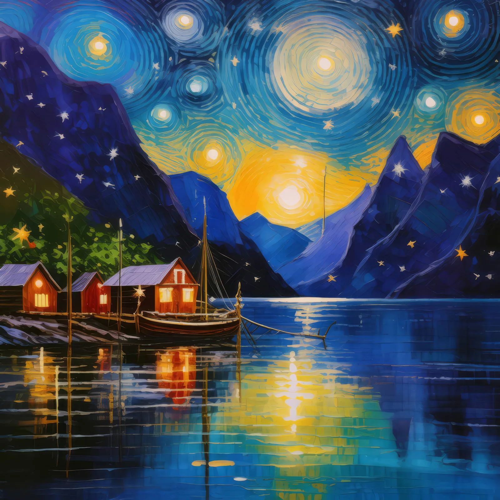 Fjord Under Starlit Nights, a palette-knife oil landscape by Emma Mickelberg