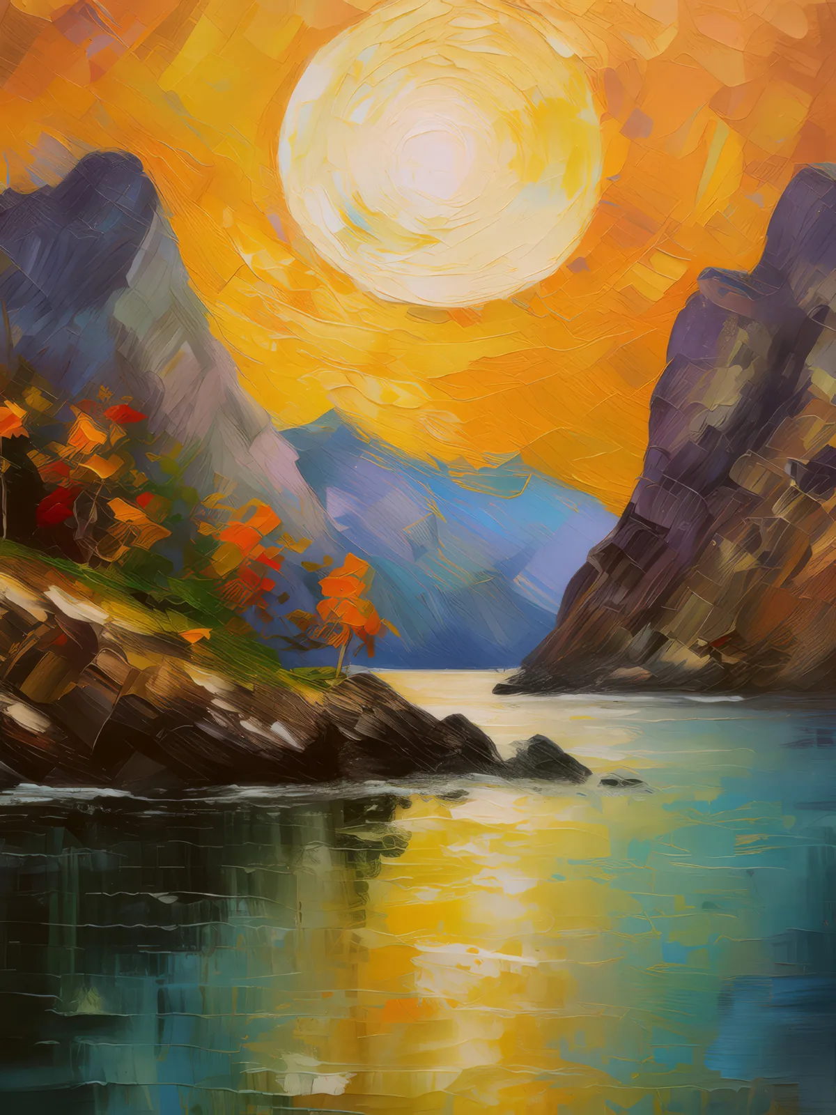 Fjord Under the Harvest Moon, a palette-knife oil landscape by Emma Mickelberg