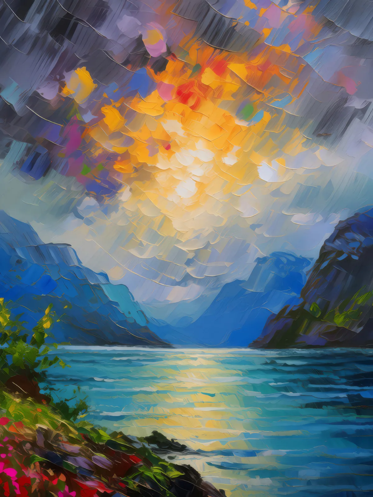 Fjord's Dynamic Weather Patterns, a palette-knife oil landscape by Emma Mickelberg