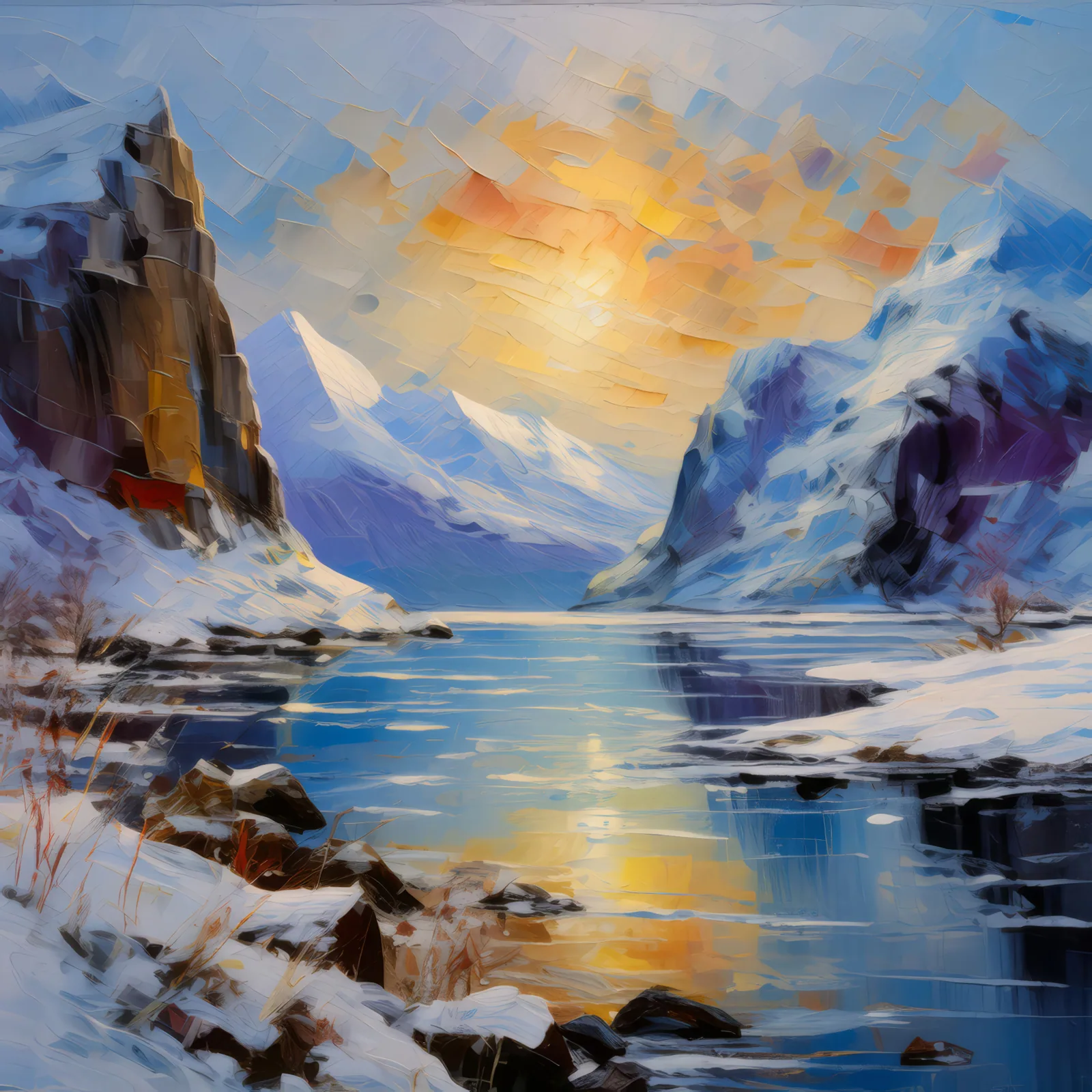 Fjord's Frozen Expanse, a palette-knife oil landscape by Emma Mickelberg