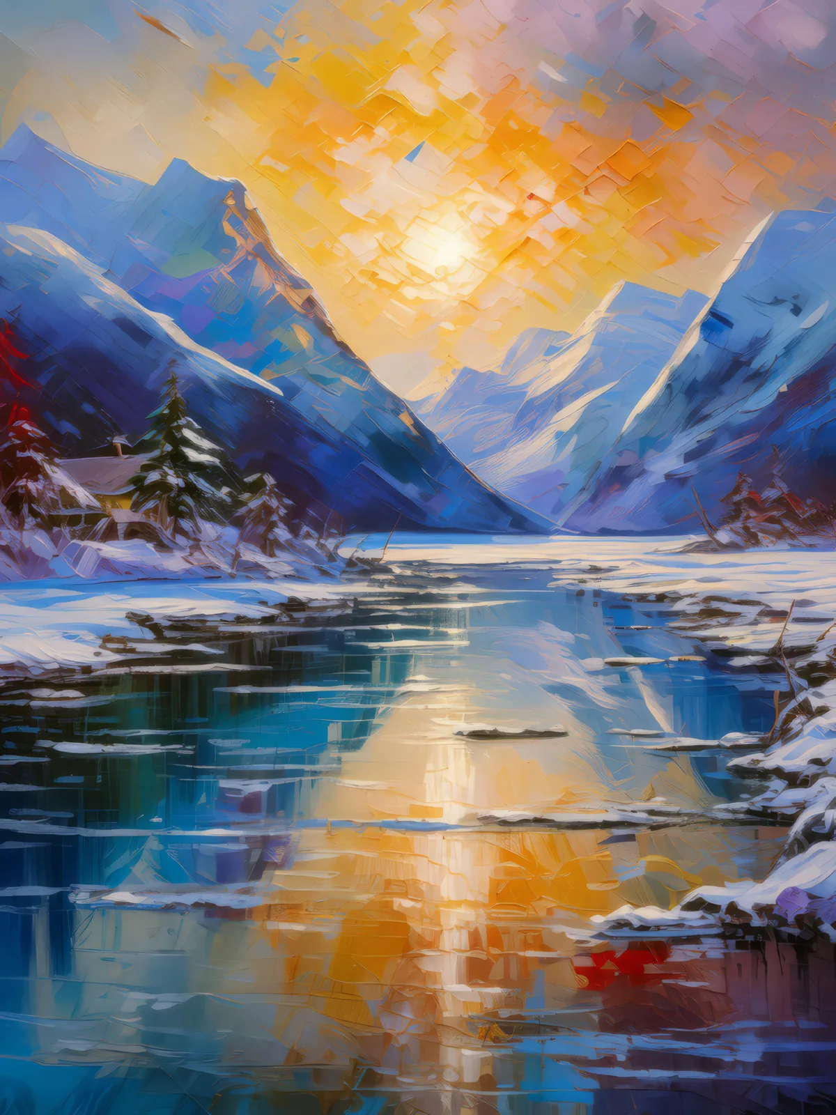 Fjord's Frozen Majesty, a palette-knife oil landscape by Emma Mickelberg