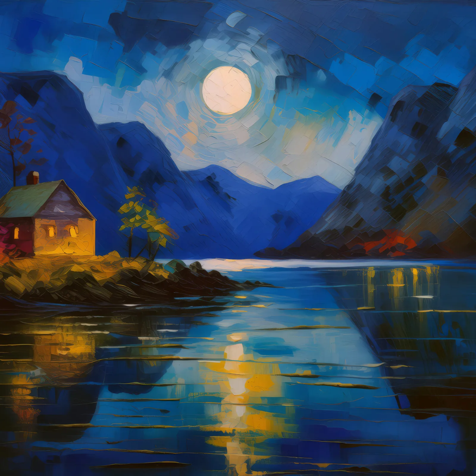 Fjord's Midnight Silence, a palette-knife oil landscape by Emma Mickelberg