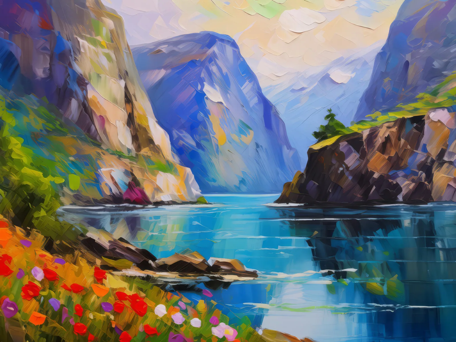 Fjord's Rugged Coastline Journey, a palette-knife oil landscape by Emma Mickelberg
