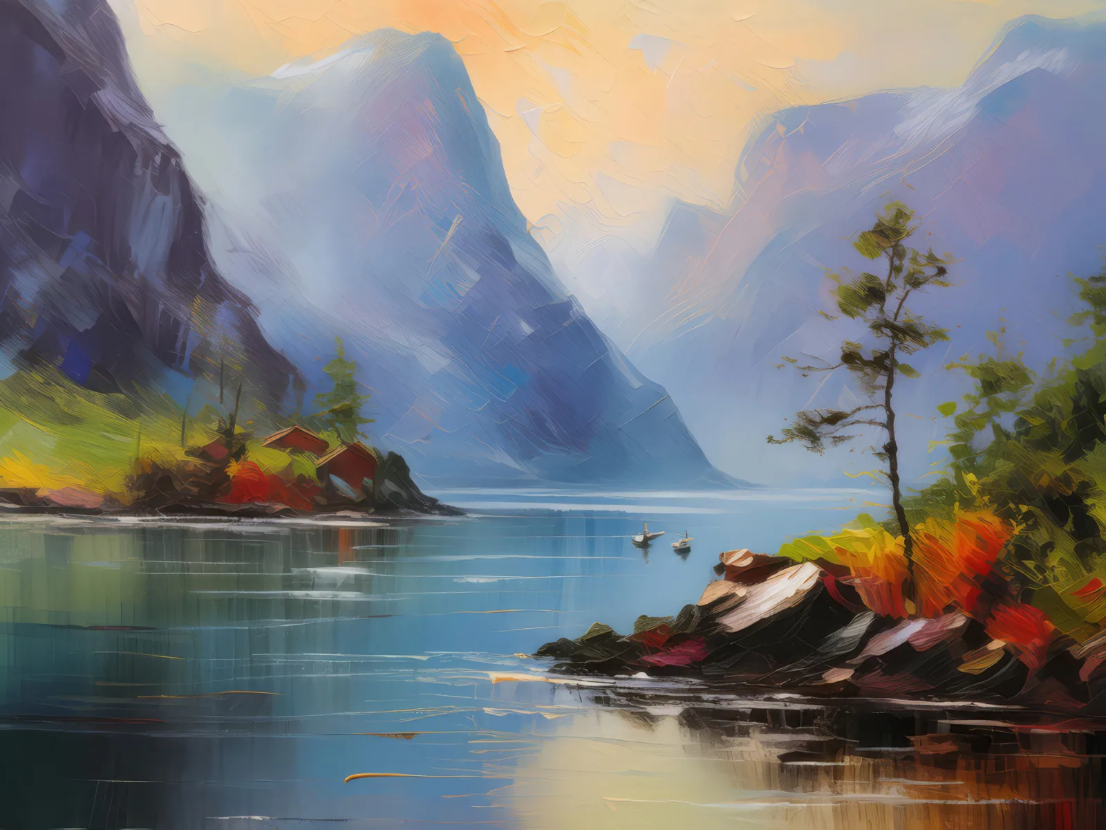 Fjord's Serene Morning Mist, a palette-knife oil landscape by Emma Mickelberg