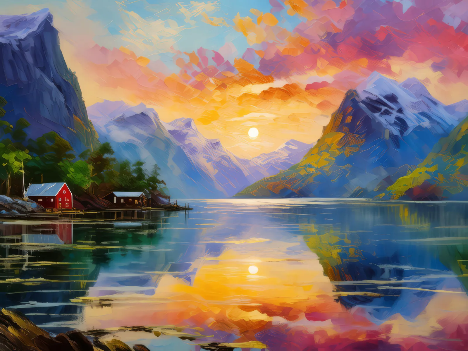 Fjord's Tranquil Dawn, a palette-knife oil landscape by Emma Mickelberg