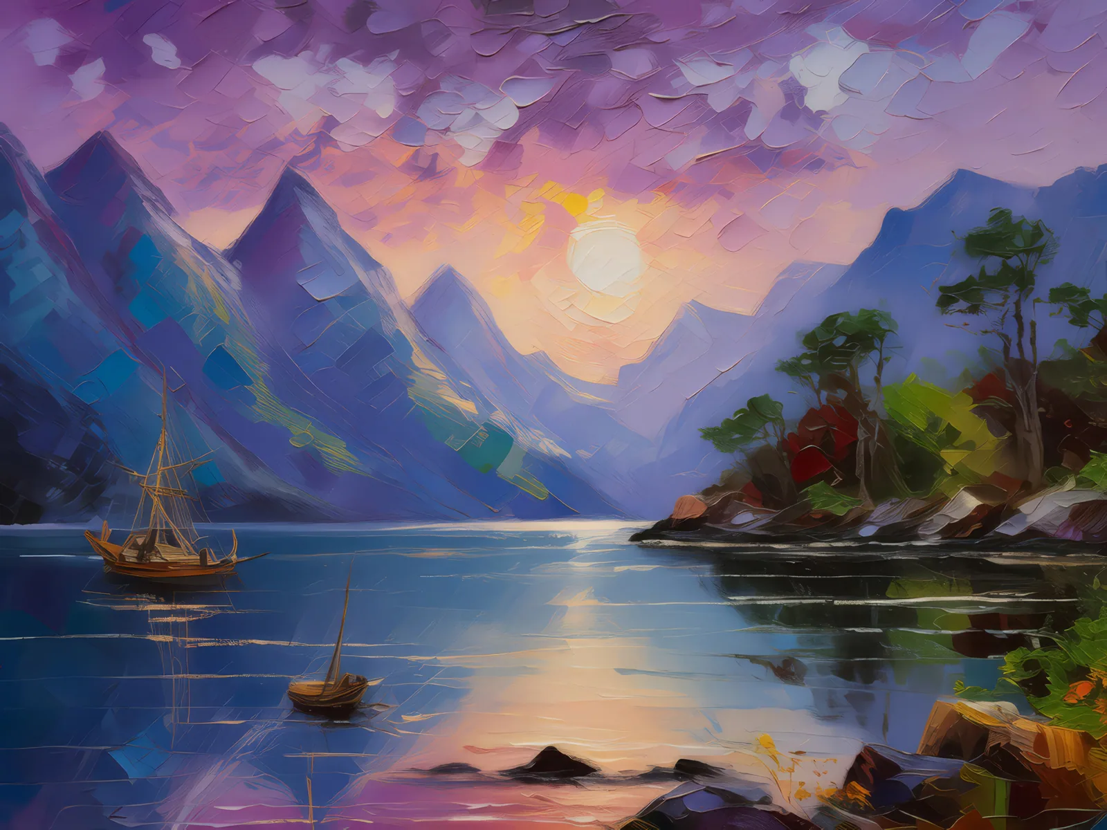 Fjord's Tranquil Twilight, a palette-knife oil landscape by Emma Mickelberg