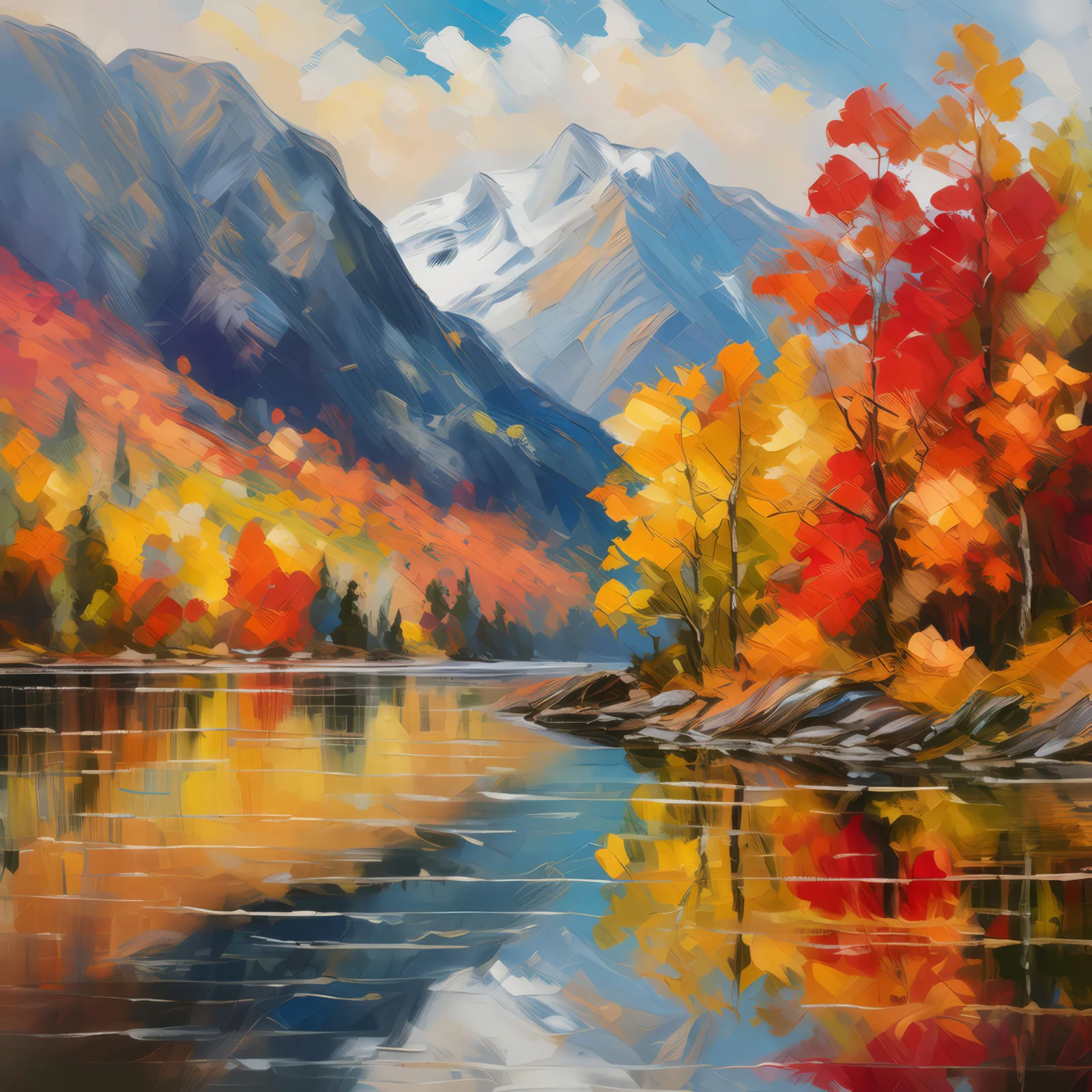 Fjord's Vibrant Fall Tapestry, a palette-knife oil landscape by Emma Mickelberg