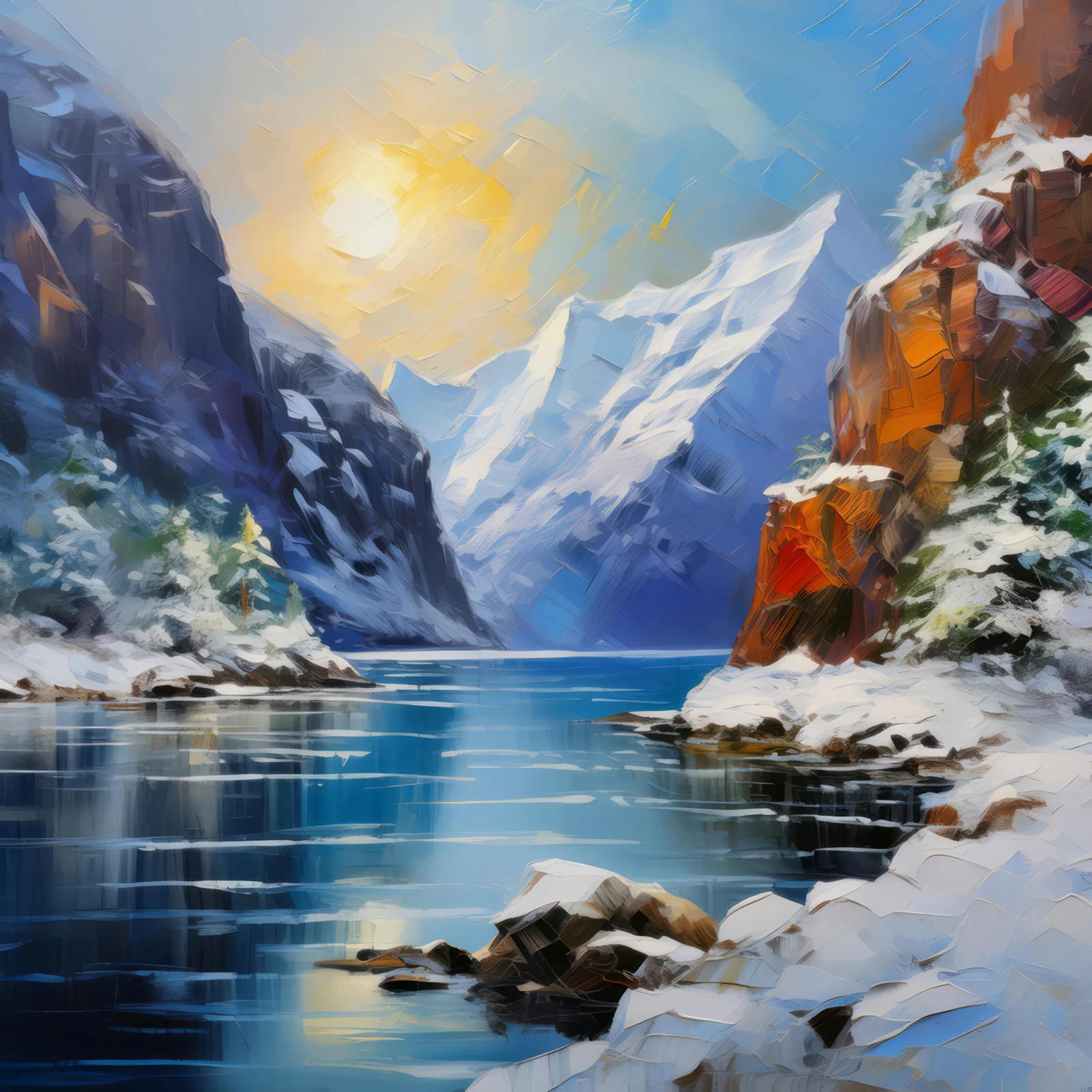 Fjord's Winter Wonderland, a palette-knife oil landscape by Emma Mickelberg
