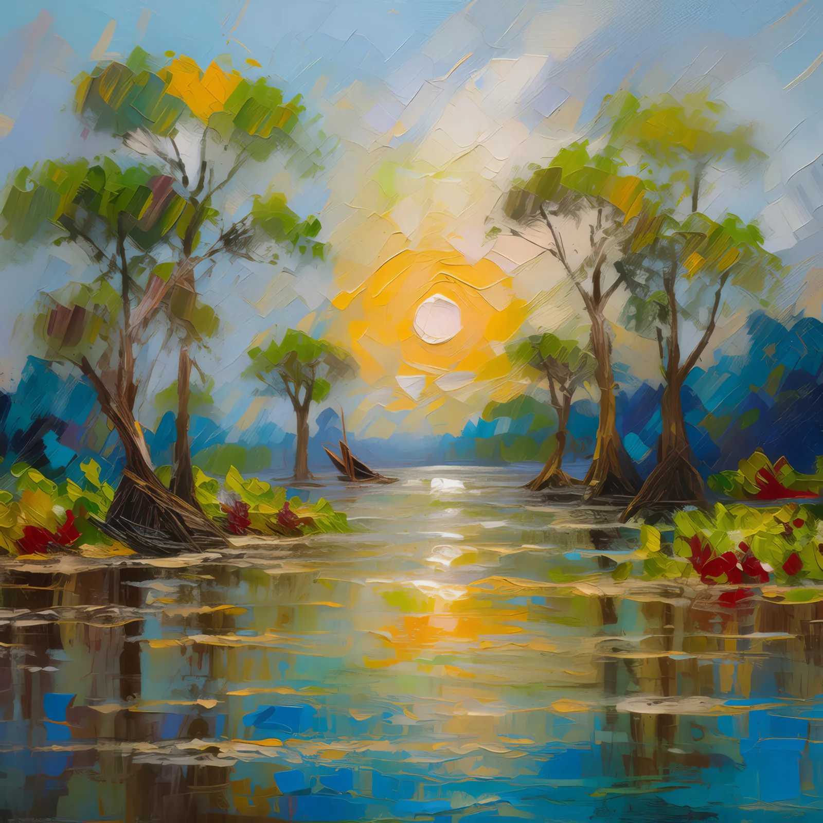 Flood Season in Delta, a palette-knife oil landscape by Emma Mickelberg