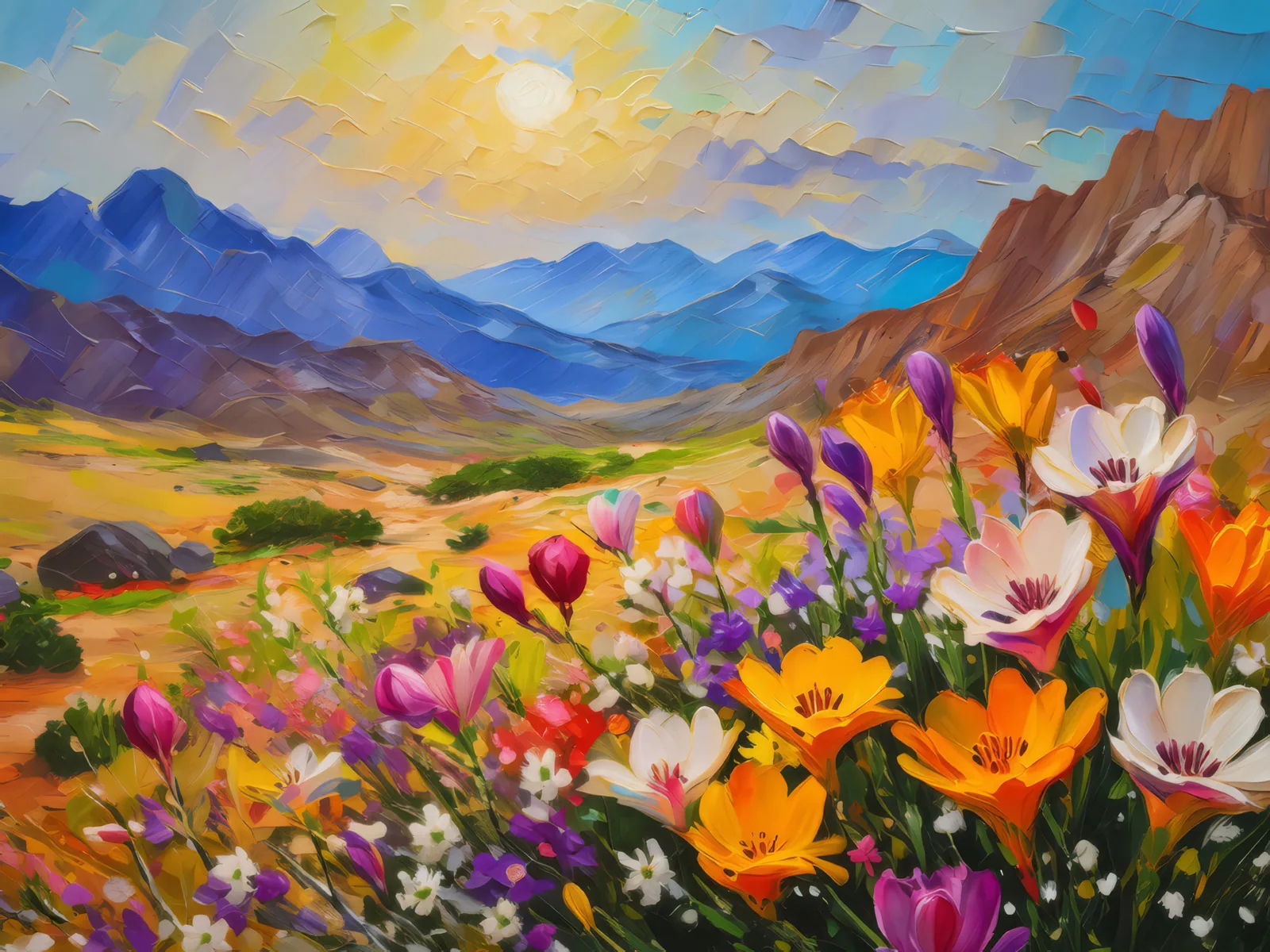 Floral Bloom in Alpine Desert, a palette-knife oil landscape by Emma Mickelberg